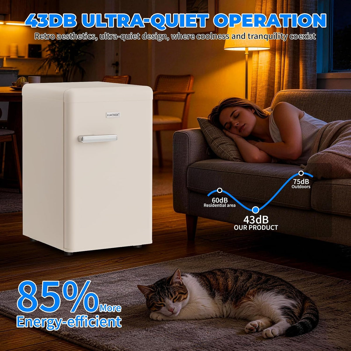 Retro Mini Fridge, 72L Compact Refrigerator, 43dB Quiet Operation, Adjustable 7-Temp Control, with LED Light, for Bedroom, Office, Kitchen & RV