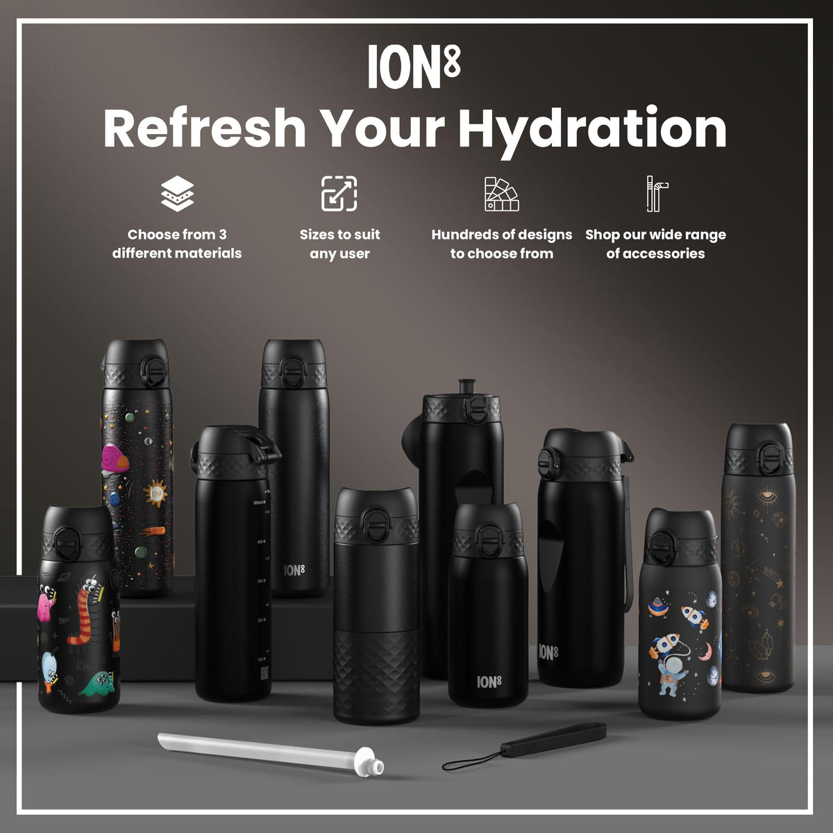 Ion8 Water Bottle, 500 ml/18 oz, Leak Proof, Easy to Open, Secure Lock, Dishwasher Safe, Hygienic Flip Cover, Carry Handle, Fits Cup Holders, Easy Clean, Hot Pink