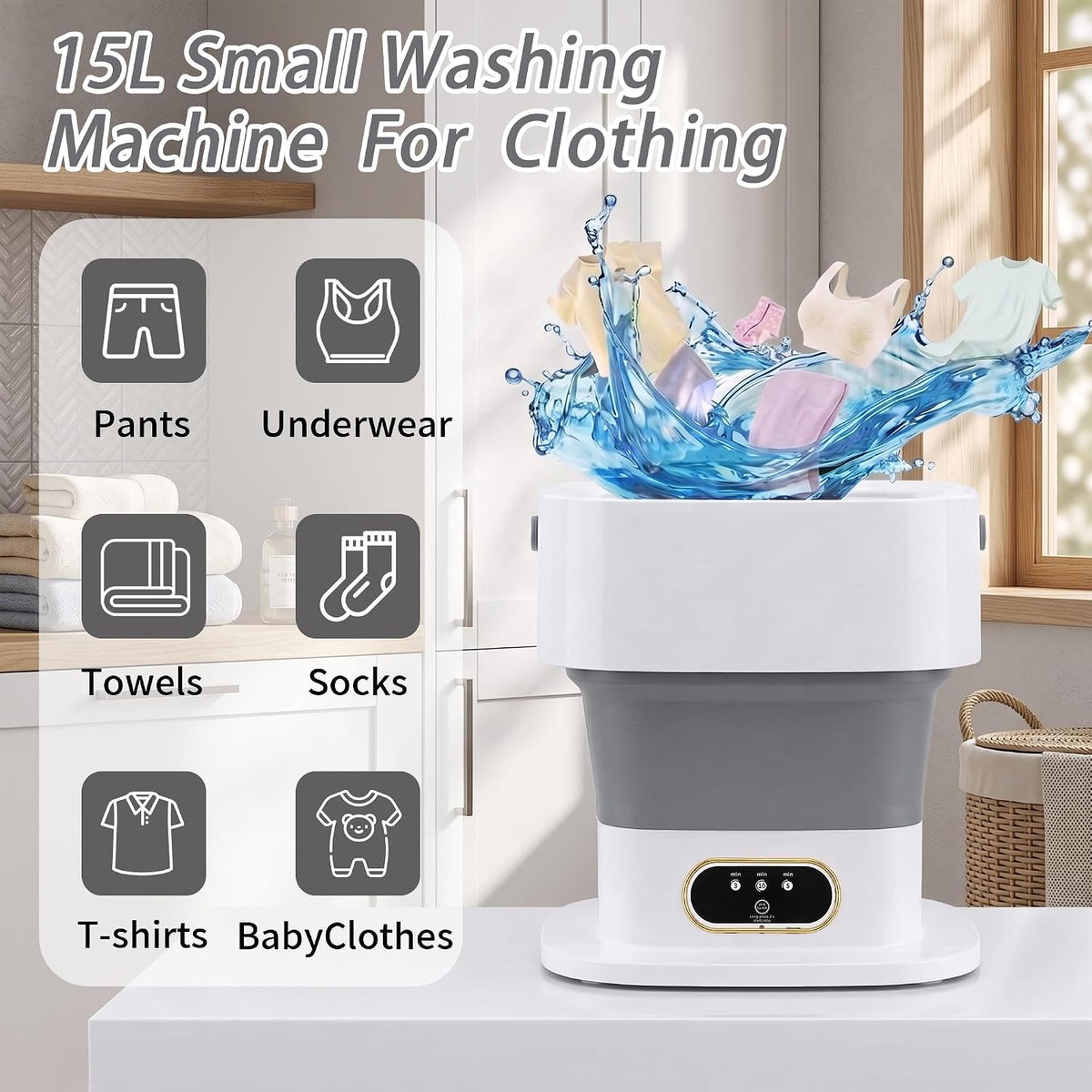 Vxoyo 15L Upgrade Portable Washing Machine with Spin Dryer, 3 Mode Foldable Mini Washing Machine & Deep Cleaning Small Washing Machine for Baby Clothes, Underwear, Camping, Dorm