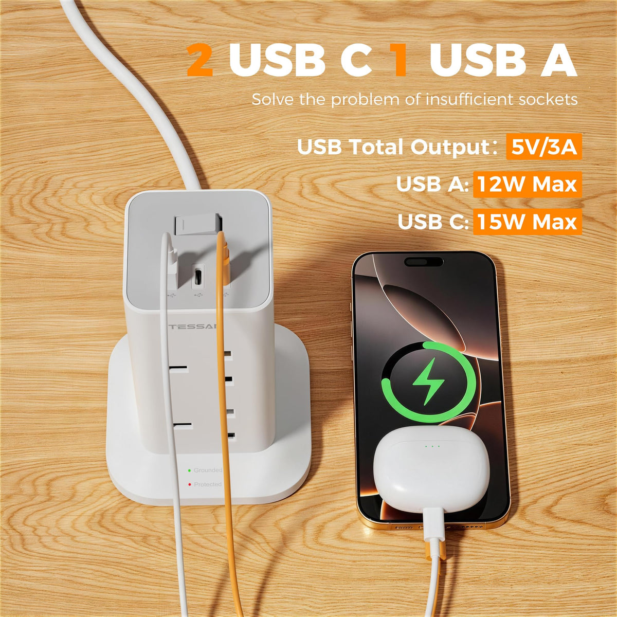 TESSAN Tower Extension Lead with USB C Slots