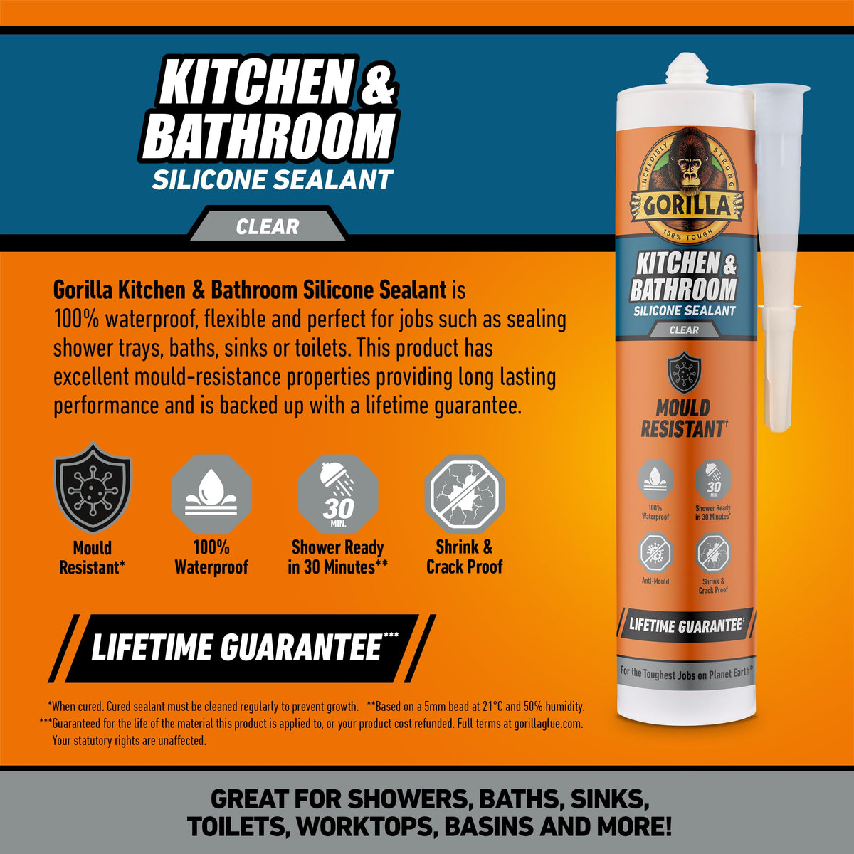 Gorilla Kitchen & Bathroom White Silicone Sealant, 295ml – Mould Resistant, 100% Waterproof Sealant, Shower Ready in 30 Minutes, Shrink & Crack Proof | Use on Showers, Baths, Sinks, Toilets & More