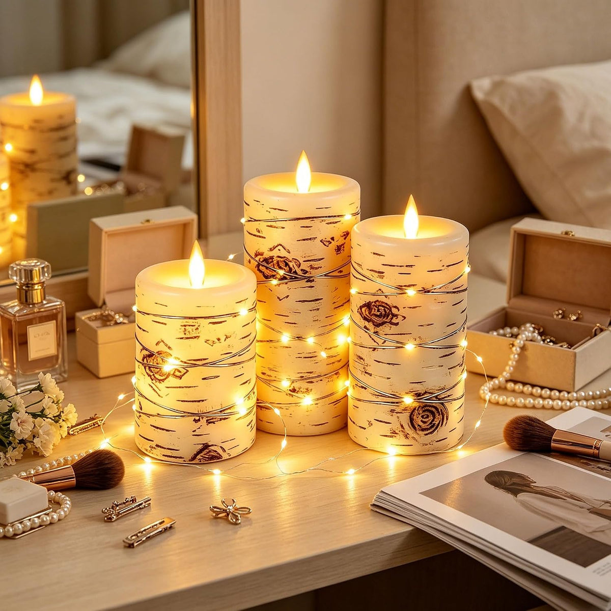 Da by 3 Pack Ivory Flameless LED Candles with Fairy Lights, Realistic Moving Flame Paraffin Wax Candles, Remote Control, Soft Warm Light, 8cm D x 12.5/14.5/16.5cm H, Indoor Wedding Home Decor