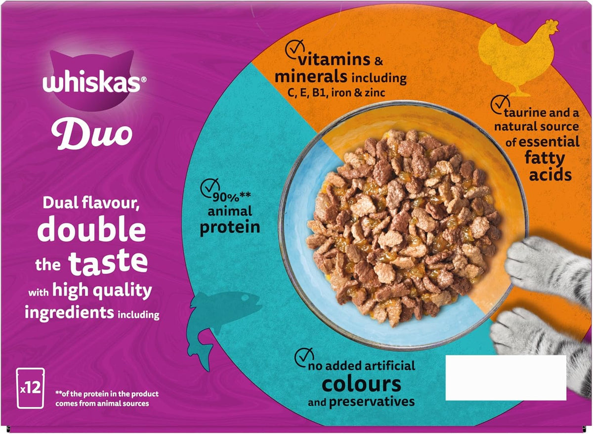 WHISKAS DUO Adult Wet Cat Food in Jelly 12x85g Surf & Turf (Pack of 4)