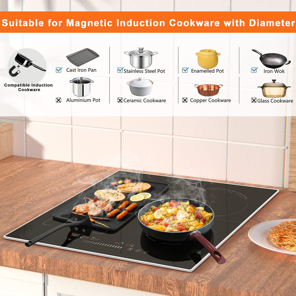 Hobsir Induction Hob with Flex Zone, Built-in Electric Hob 4 Burners 60 cm