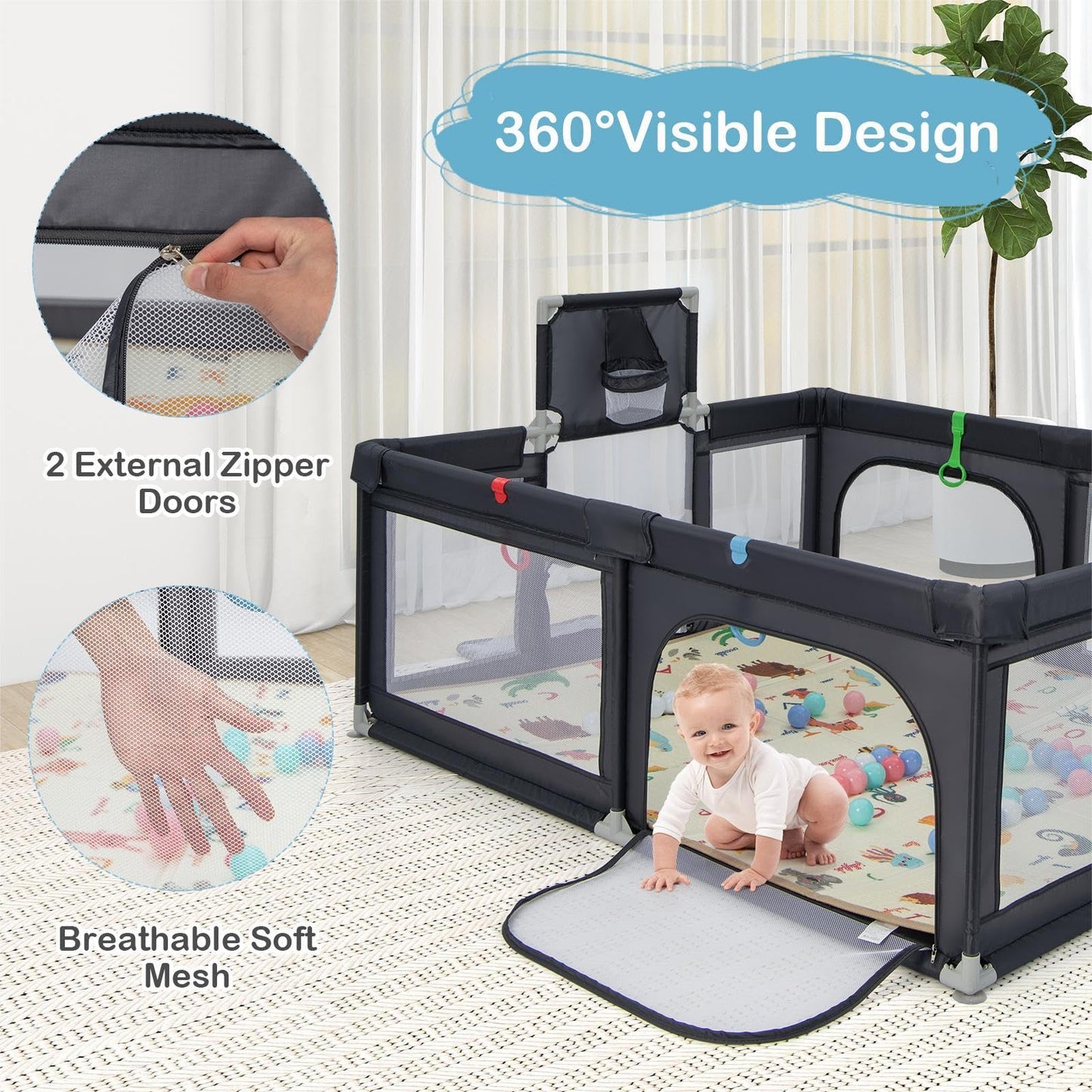 COSTWAY Baby Playpen, Toddler Mesh Play Pen with Mat, Pull Rings, Basketball Hoop, Football Nets, Ocean Balls, Indoor Outdoor Safety Playard for Babies and Toddlers (Light Gray, 207 x 142cm)