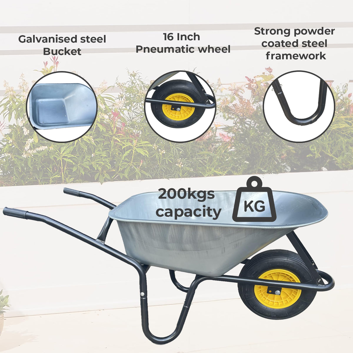 Neo Wheelbarrow Home Garden Cart Galvanised with Pneumatic Tyre (85L) Silver