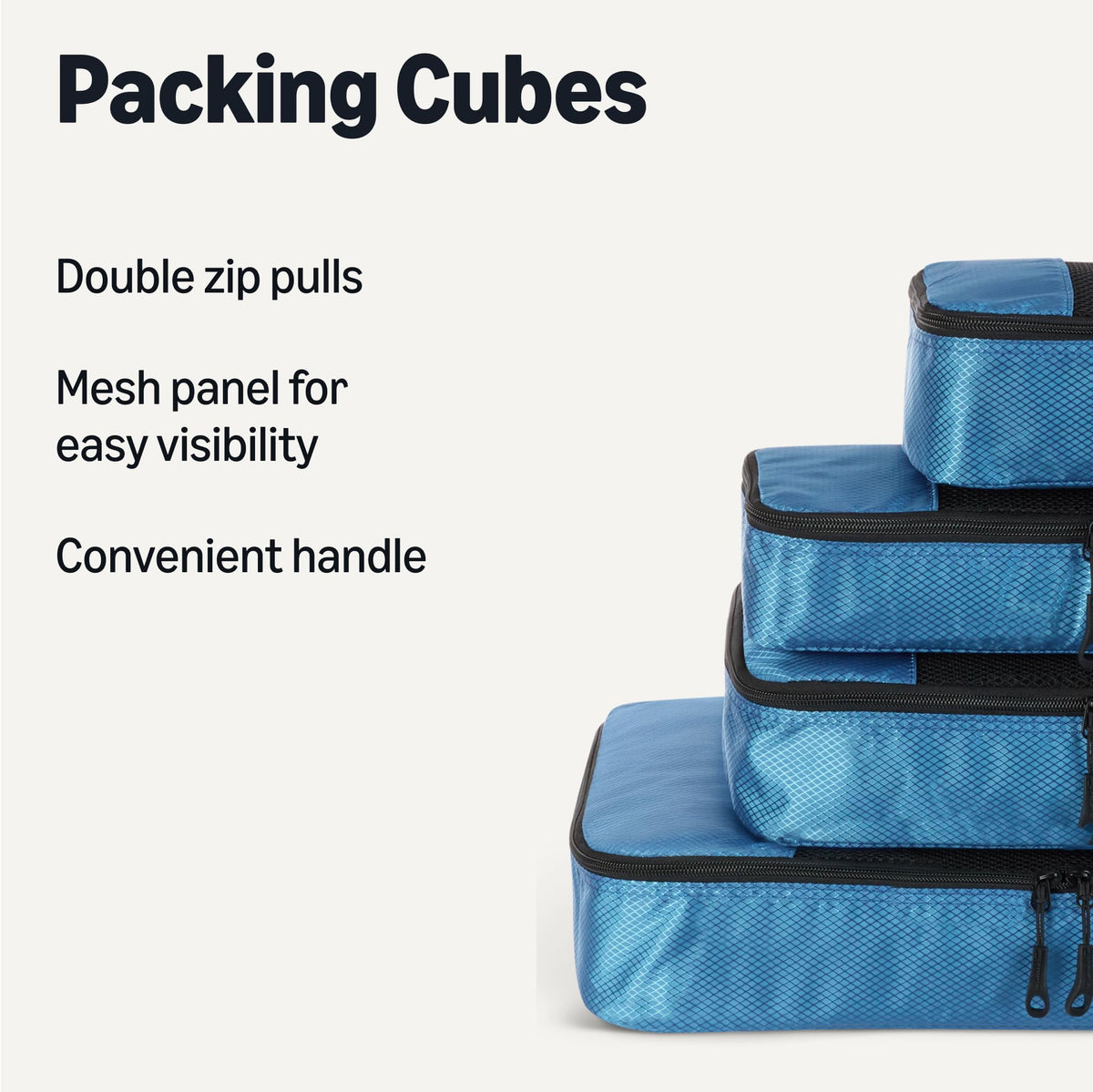 Amazon Essentials 4-Piece Packing Cubes Travel Accessories Set, Luggage Organiser with Double Zip, Mesh Top, 100% Polyester, Medium, Black (Previously Amazon Basics)