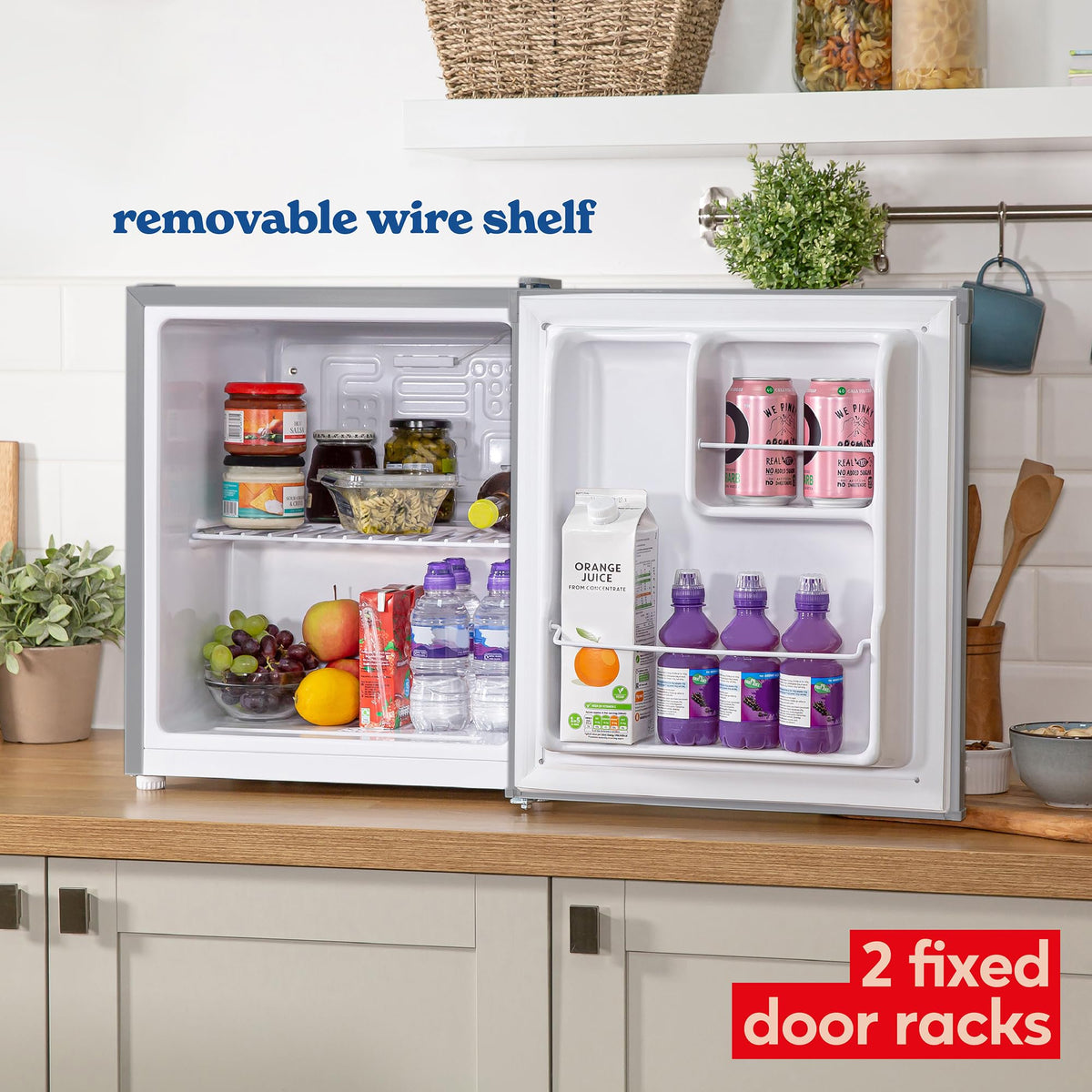 Russell Hobbs Table Top Larder Mini Fridge 66L Capacity, Reversible Door & Adjustable Feet, 0 to 8 Degrees Manual Temperature Control, Silver RH67TTLF0E1SS
