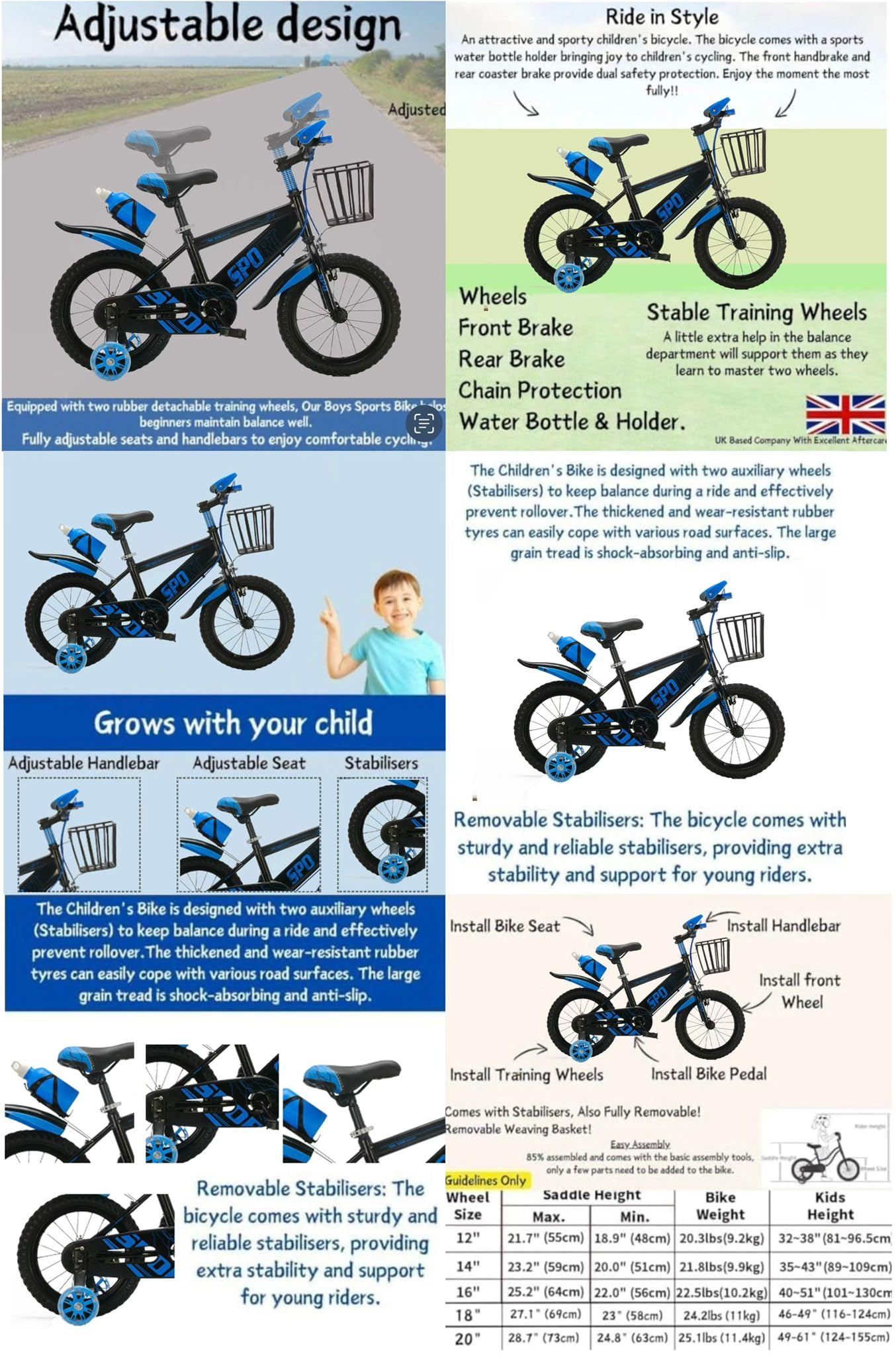 Kids Sport Bike, Tourer, Bicycle, Cycling, Boys Cycle, 12" 14" 16" 18" 20" Children’s Bicycle, Child Bikes, Adjustable Sport Bike 2-12 Years Old, Stabilisers,