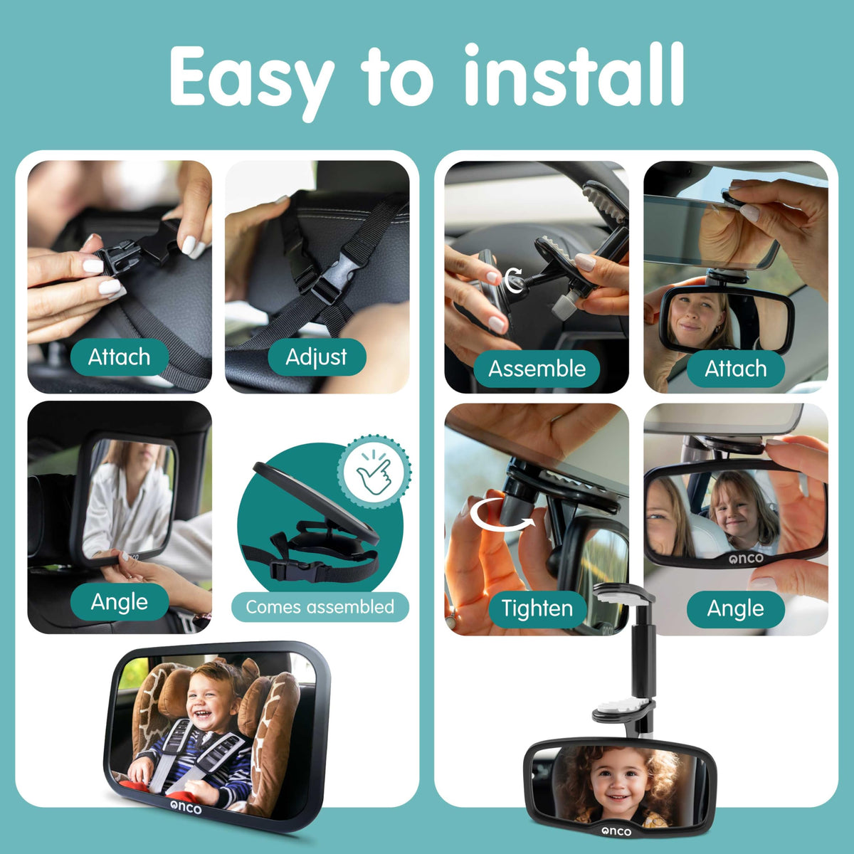 Onco Baby Car Mirror - Award-Winning, Shatterproof & Shakeproof [Black]