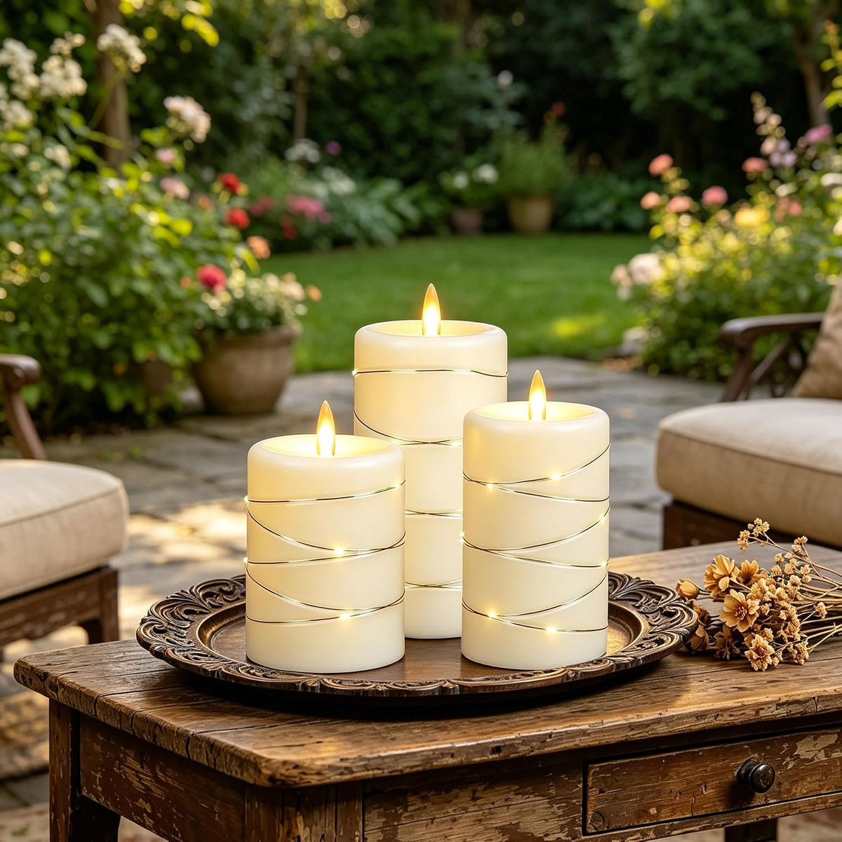 Da by 3 Pack Ivory Flameless LED Candles with Fairy Lights, Realistic Moving Flame Paraffin Wax Candles, Remote Control, Soft Warm Light, 8cm D x 12.5/14.5/16.5cm H, Indoor Wedding Home Decor