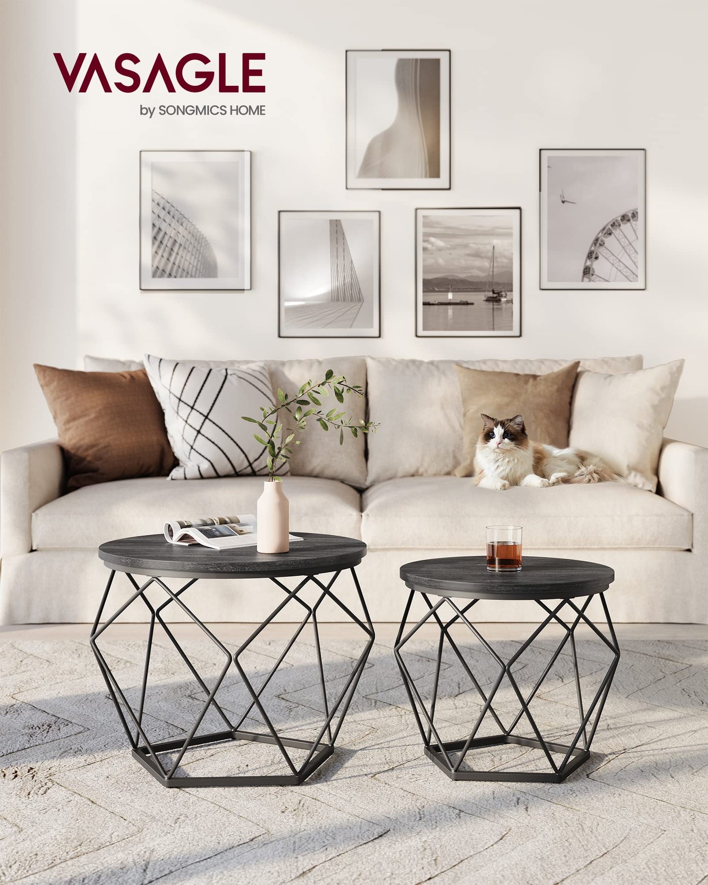 VASAGLE Coffee Tables, Set of 2 Side Tables, Robust Steel Frame, for Living Room, Bedroom, Rustic Brown and Black LET040B01