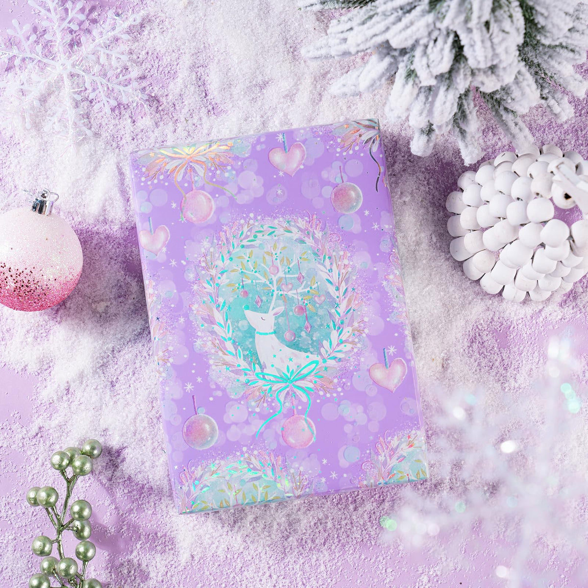 RUSPEPA Christmas Wrapping Paper Roll - Mini Roll - 3 Rolls - 43.2cm x 3m Per Roll - Bird, Christmas Garland, Holly and Pinecones Holiday Design with Metallic Foil Shine