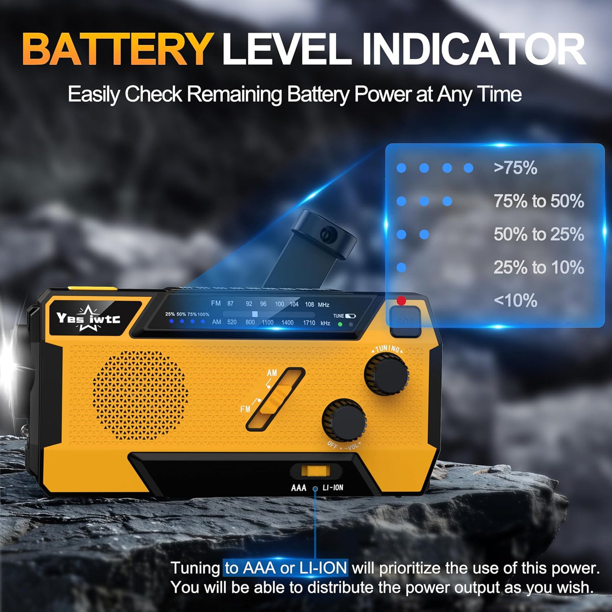 Wind Up Solar Radio, 7400mWh (2000mAh) Solar Powered Radio Emergency Hand Crank Radio with 3 Built-in Cables, Battery Operated, SOS Alarm & Flashlight, Emergency wind up torch for Hurricane, Emergency