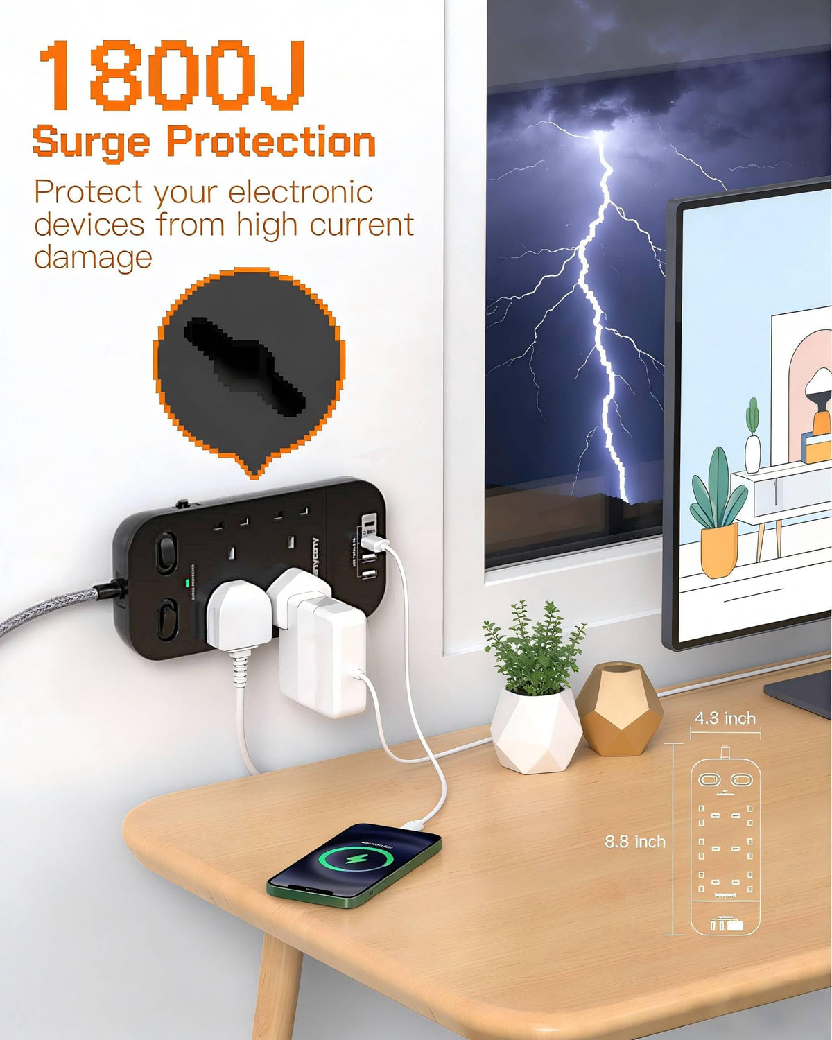5M Extension Lead Surge Protected, 4 Way Outlets with 2 USB C & 2 USB A