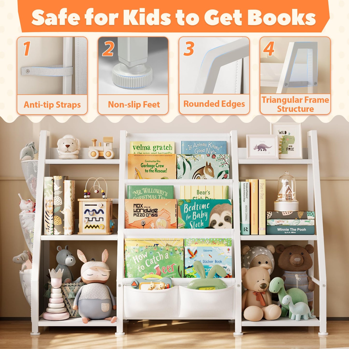 GoTiling Kids Bookshelf and Toy Storage Organizer: 3-Tier Sling Book Shelf with 3 Side Pockets for Kids Room - Toy Storage Organizer with 2 Fabric Drawers for Nursery, Bedroom, Playroom