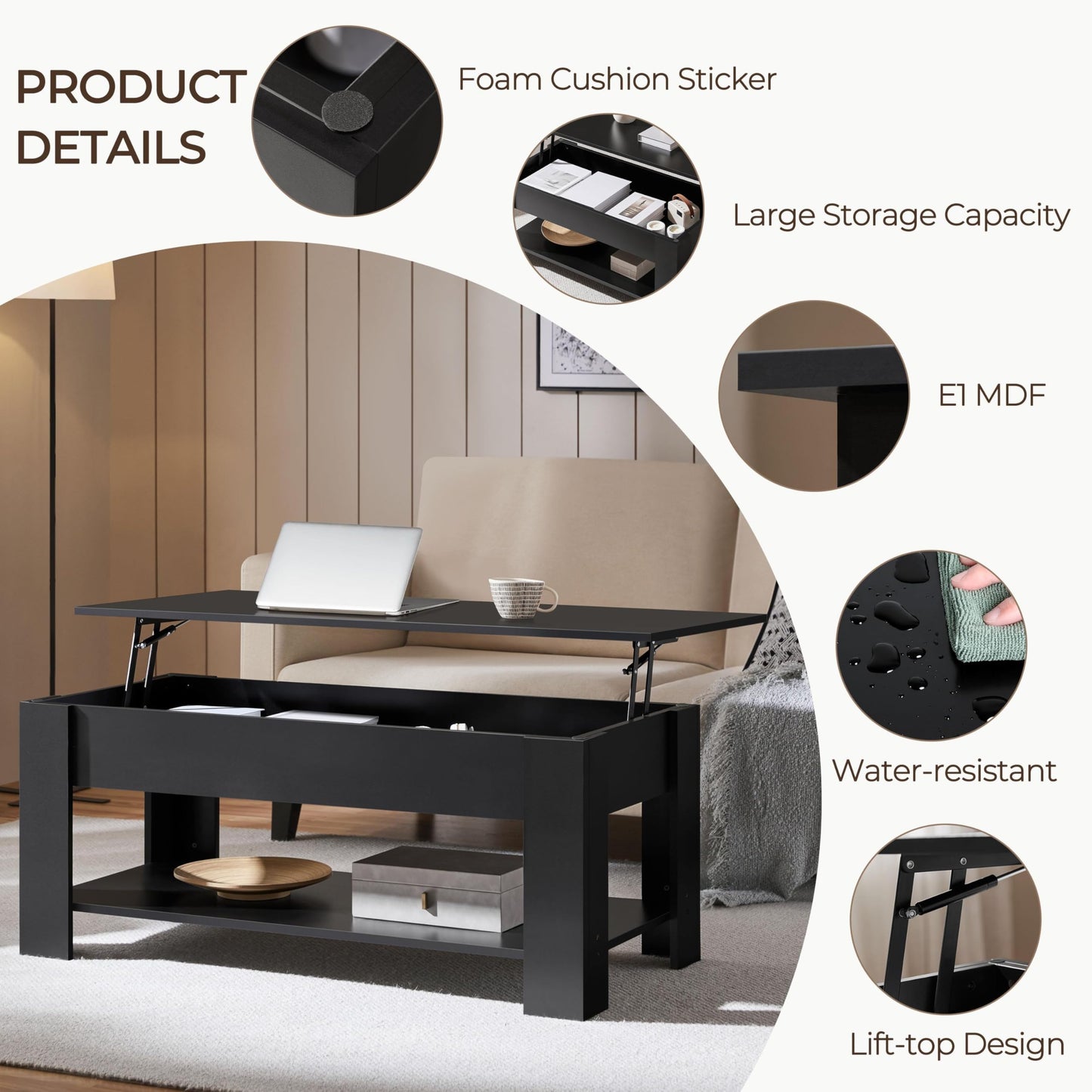 Yaheetech Lift Up Coffee Table, Wooden Lifting Coffee Table with Hidden Storage Drawer and Open Shelf, Space-saving Tea Tables for Living Room/Reception, Espresso
