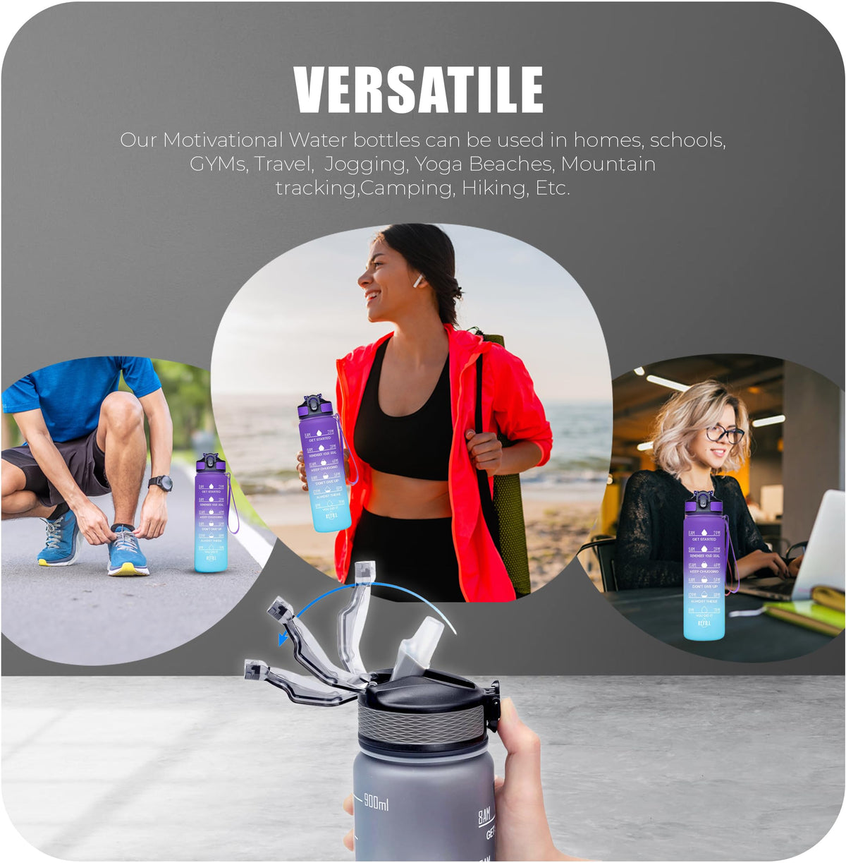 Roe Tenpo Sports Water Bottle with Straw and Time Marking, and 32OZ Capacity - Motivational and Eco-Friendly BPA-Free Bottle for Running, Gym, Yoga, Outdoors, and Camping (Style-1, Black)
