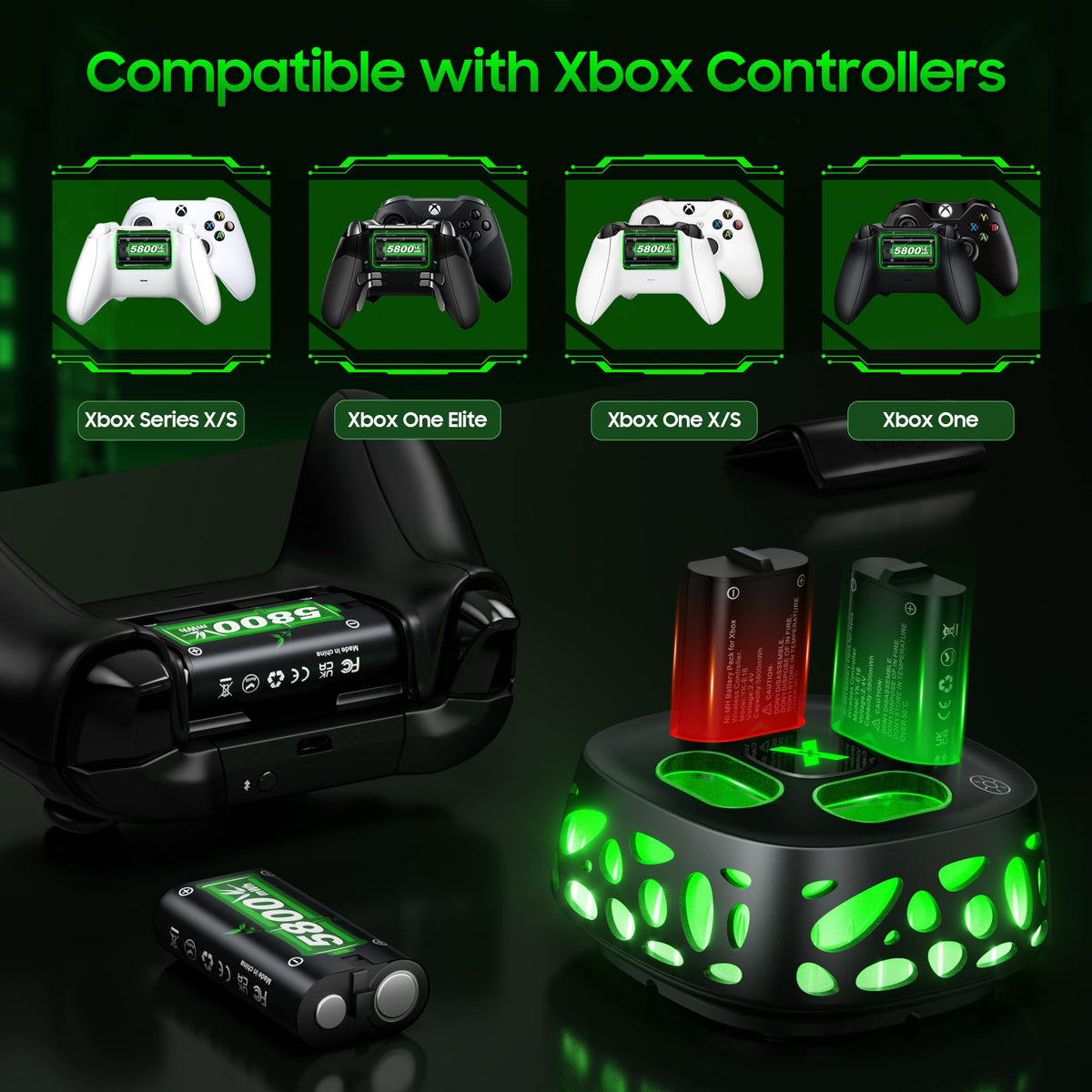 6200mWh Battery for Xbox One/Xbox Series S/X, 2 * 6200mWh Rechargeable Battery 2 Hours Full Charged Fast Charging Station for X-box One/S/X/X-box Series S/X Controller