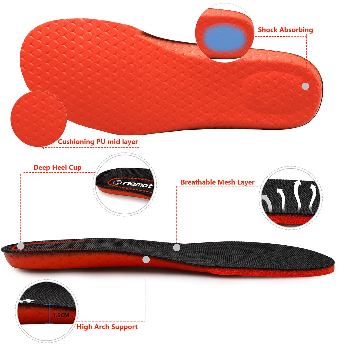 riemot Memory Foam Insoles for Men and Women - Replacement Shoe Inserts Comfort Cushioning for Sports Shoes, Trainers, Sneakers, Work Boots and Walking Shoes