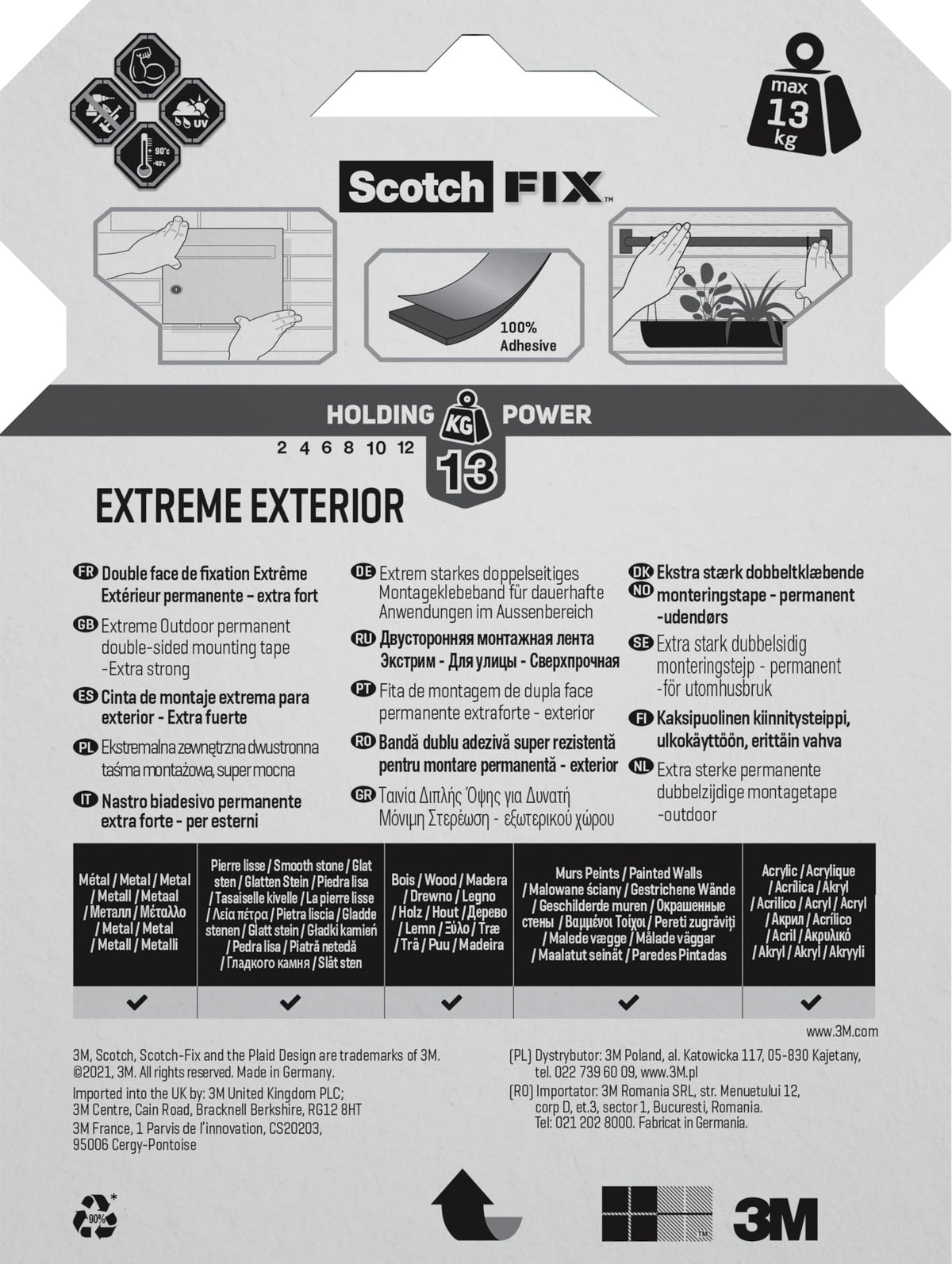 Scotch-Fix Double-Sided Extreme Exterior Mounting Tape, 19mm x 1,5m - For Outdoor Extreme Use, Weather Resistant, Permanent Tape, 100% Adhesive, 3M Advanced Technology - Holds up to 10kg