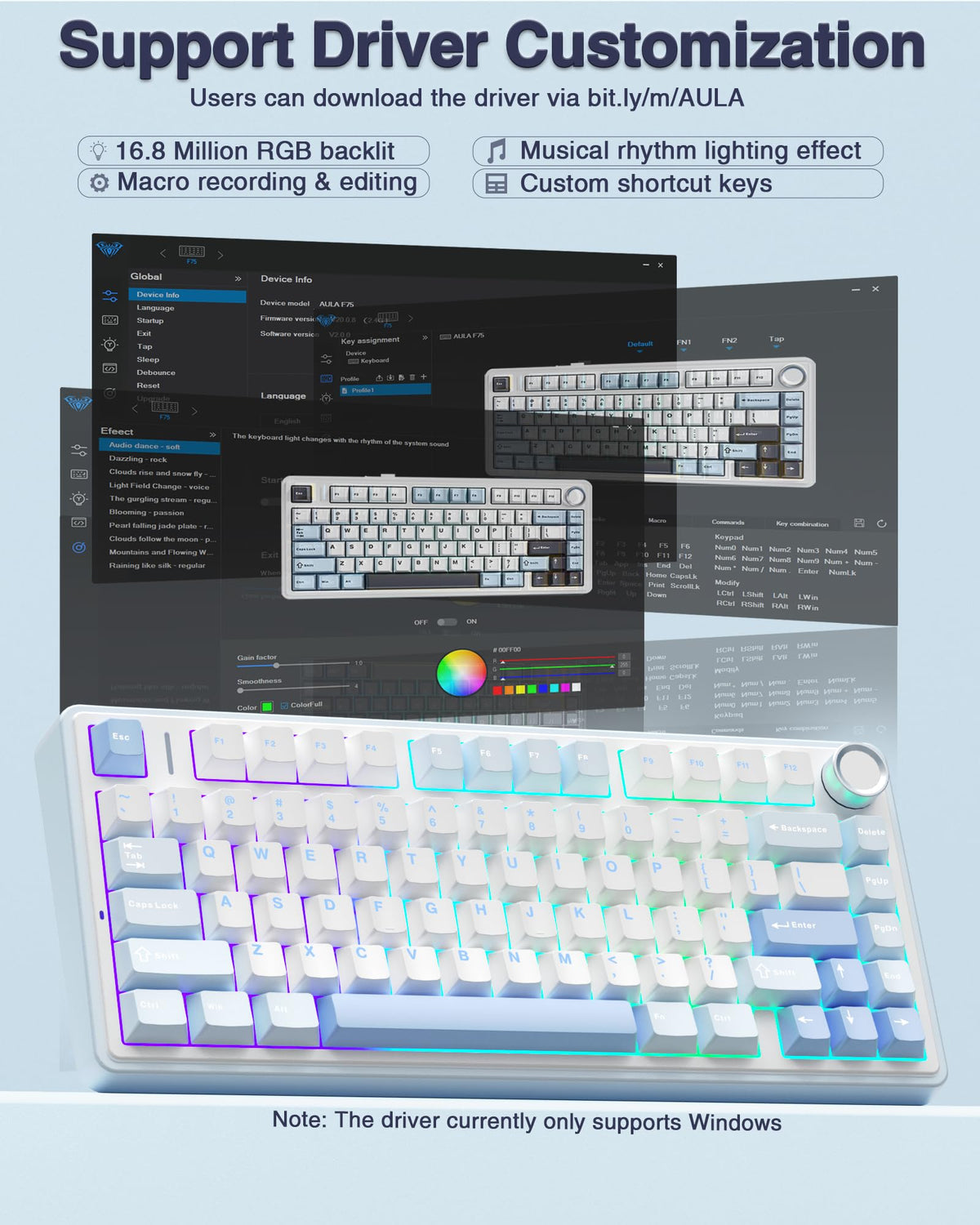 AULA F75 75% Wireless Mechanical Keyboard,2.4Ghz/Type-C/BT5.0 Gaming Keyboards,Advanced Structure,RGB Backlight,Hot Swappable Custom Keyboard for PC/Mac (Cool Black)