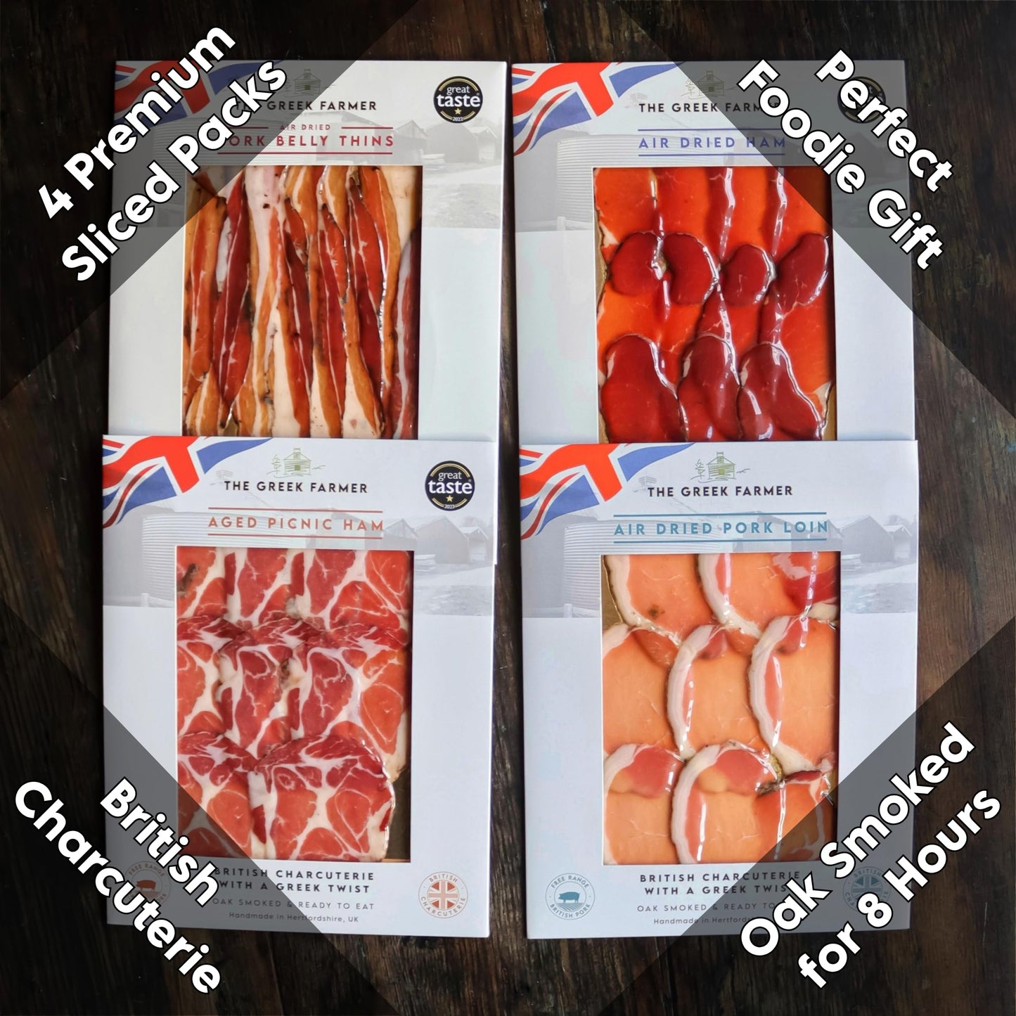 The Greek Farmer Signature 8 Piece Charcuterie Collection | Cured Meats & Cold Cuts | Artisan Charcuterie Gift | British Free-Range Pork | 5-Star Great Taste Award | Ideal Foodie Gift & Savoury Hamper