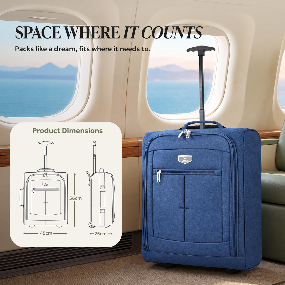 LUGG Lightweight Cabin Luggage, 600D Polyester, Solid Wheels, 45x36x20cm