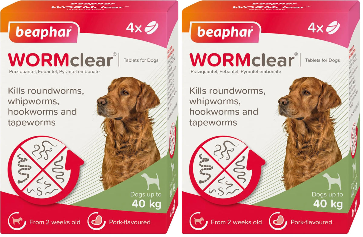 Beaphar - WORMclear® Tablets for Dogs up to 40kg - 4 Tablets - Kills All Common UK Intestinal Worms (Roundworms & Tapeworms) - Vet Strength Wormer - Pork-Flavoured - For dogs over 2 weeks old & 3kg