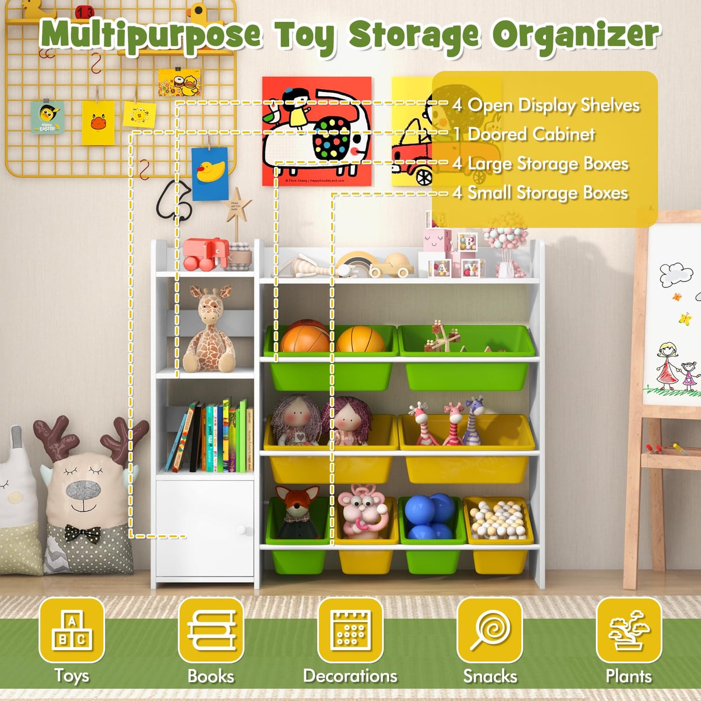 GYMAX Toy Storage Organizer, 4 Tiers Kids Bookshelf and Toy Storage Unit with 8 Bins, Open Shelves and Enclosed Cabinet, Children Bookcase for Playroom Bedroom Nursery (Pink)