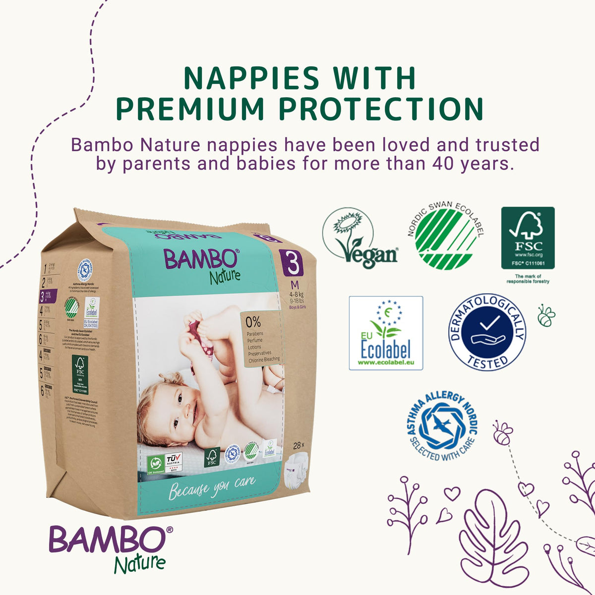 Bambo Nature Premium Eco Nappies, Premature Size 0 (2-7lb/1-3kg), XXS, Pack of 24, Eco-Labelled Nappies, Enhanced Leakage Protection, Secure and Comfortable Baby Nappy