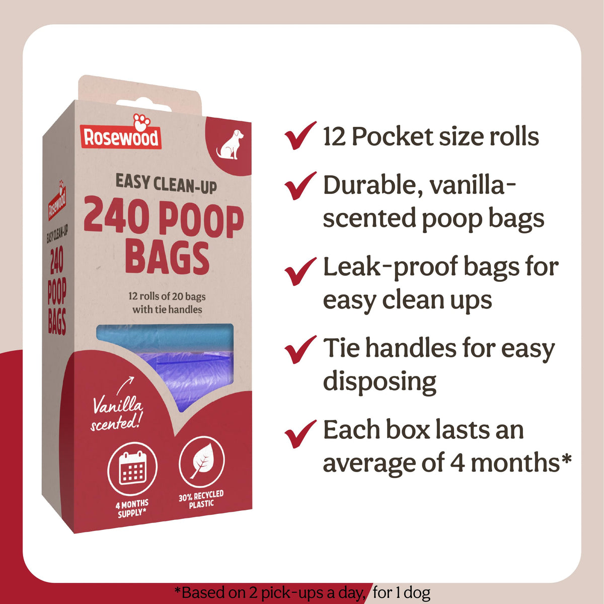 Rosewood Dog Poo Bags with Handles - 100 Easy Clean-Up Poop Bags, Loose Packed Dog Waste Bags with Tie Handles, Lightly Scented, Black