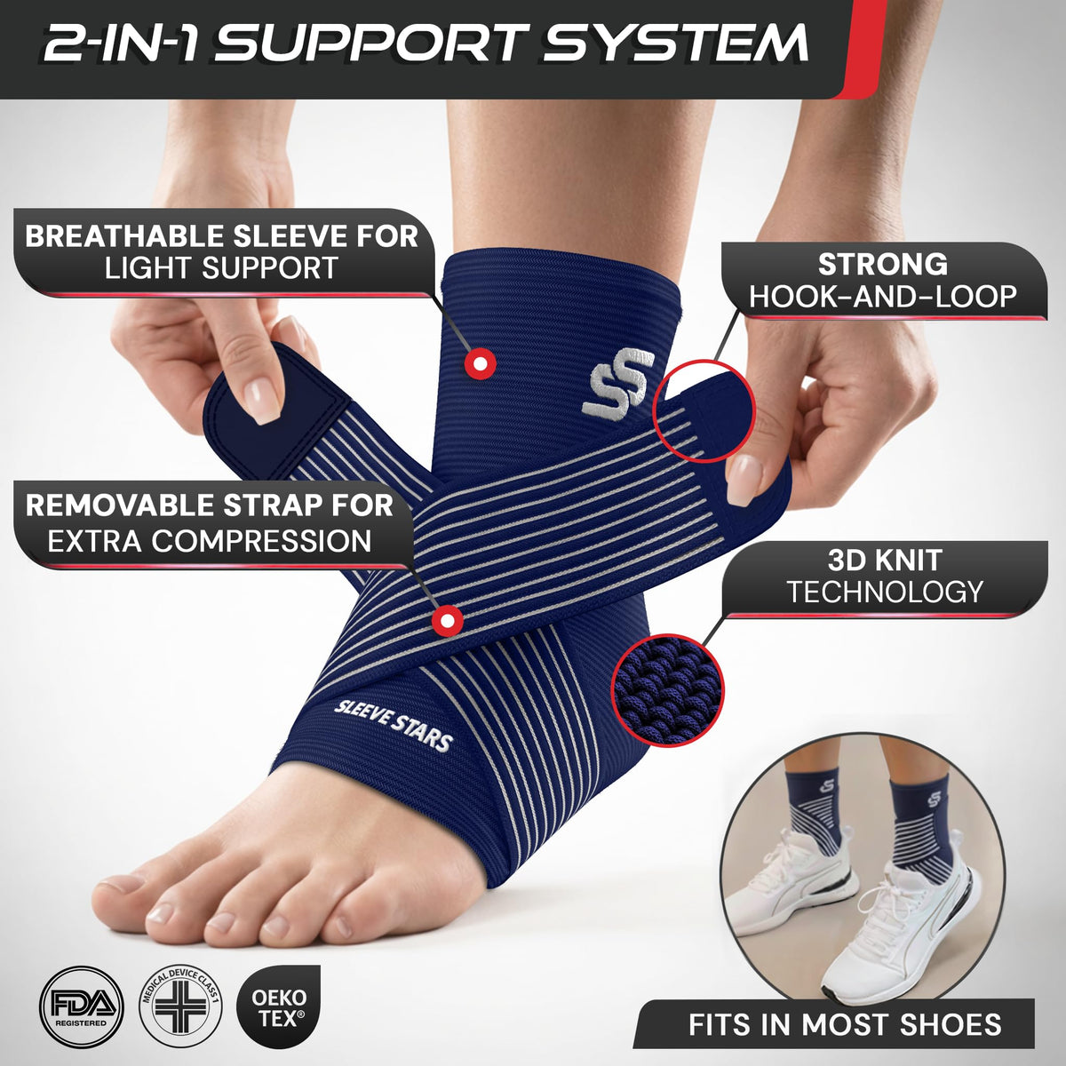 Sleeve Stars Ankle Brace Men & Women Support (Single/L:12"-13"/Black)