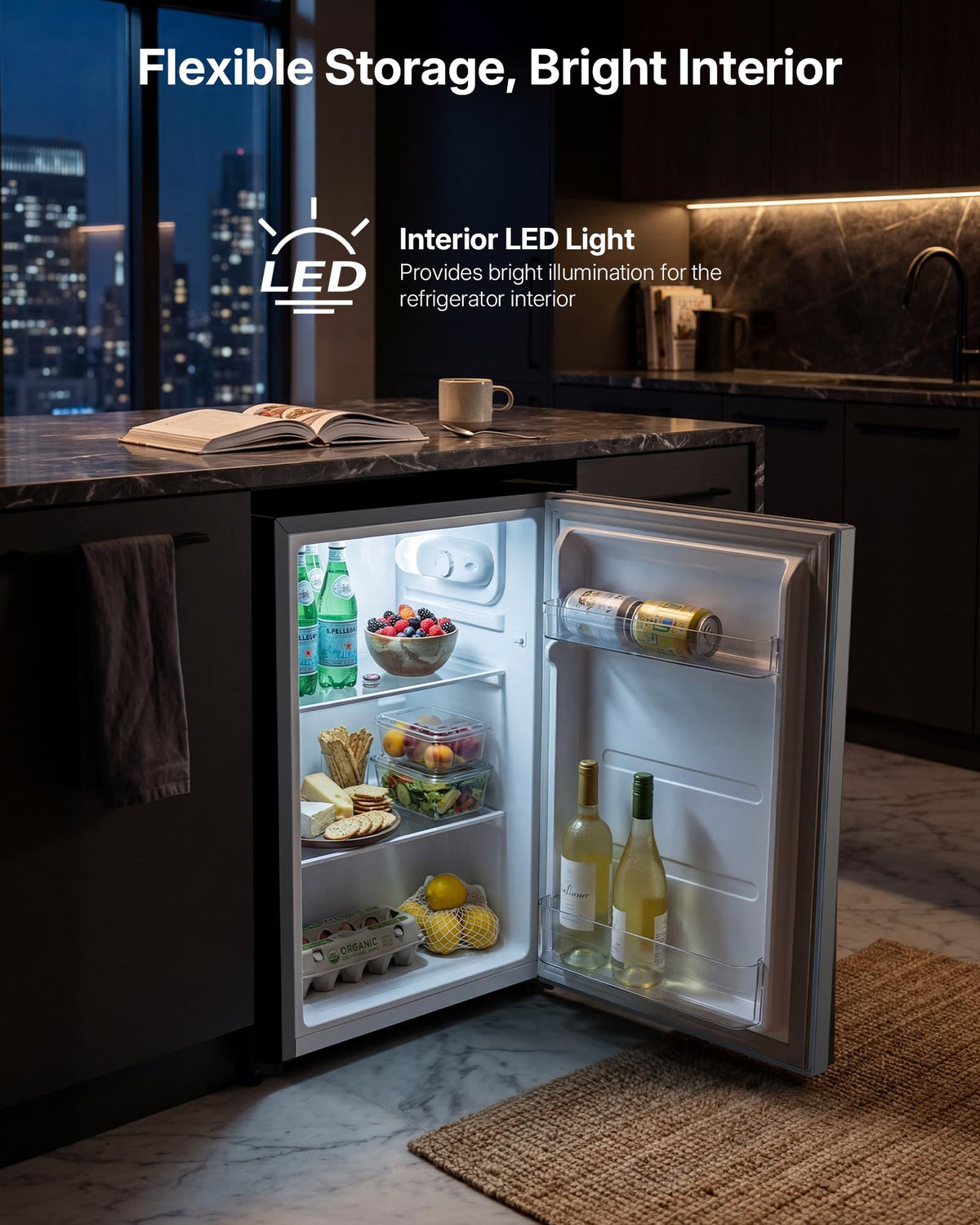 Upstreman 71L Fridge Without Freezer Compartment, 1-10°C 7-Step Temperature Control, LED Lighting, 40dB Quiet, Energy-Saving Full-Size Refrigerator for Bedroom, Office, Kitchen, CR71-Dark gray
