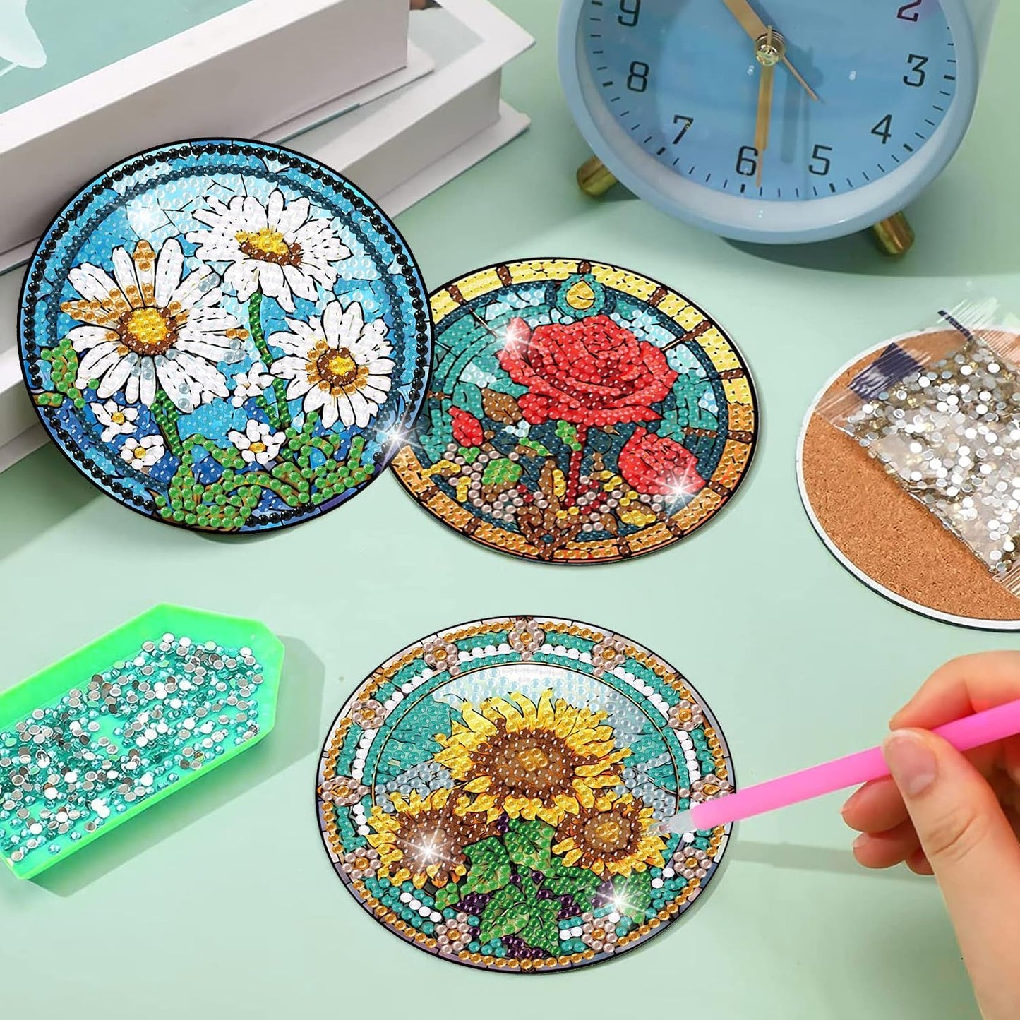 8 Pcs Flowers Diamond Art Coasters Kits for Adults Begainners,Full Drill Diamond Painting Coasters Kit with Holder,DIY Gem Painting Craft Kits for Adults Supplies Gift (Flowers).
