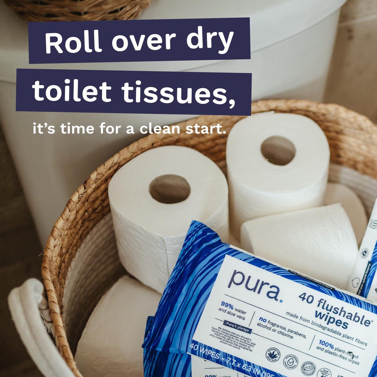 Pura Flushable Moist Toilet Tissue Wipes, 1 Pack of 40 Wet Wipes, 100% Plastic Free, 99% Water Clean Washlets, Certified ‘Fine to Flush’ Biodegradable, Compostable, Vegan, Gentle Clean