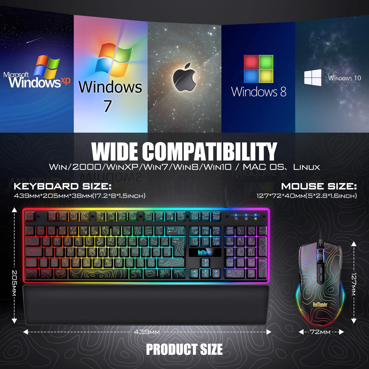 RedThunder K10 Wired Gaming Keyboard and Mouse Combo, UK Layout, True RGB Backlight, Soft Leather Wrist Rest, Ergonomic Anti-Ghosting Keyboard + 7D 7200 DPI Mouse for PC Mac (Gradient Gray)