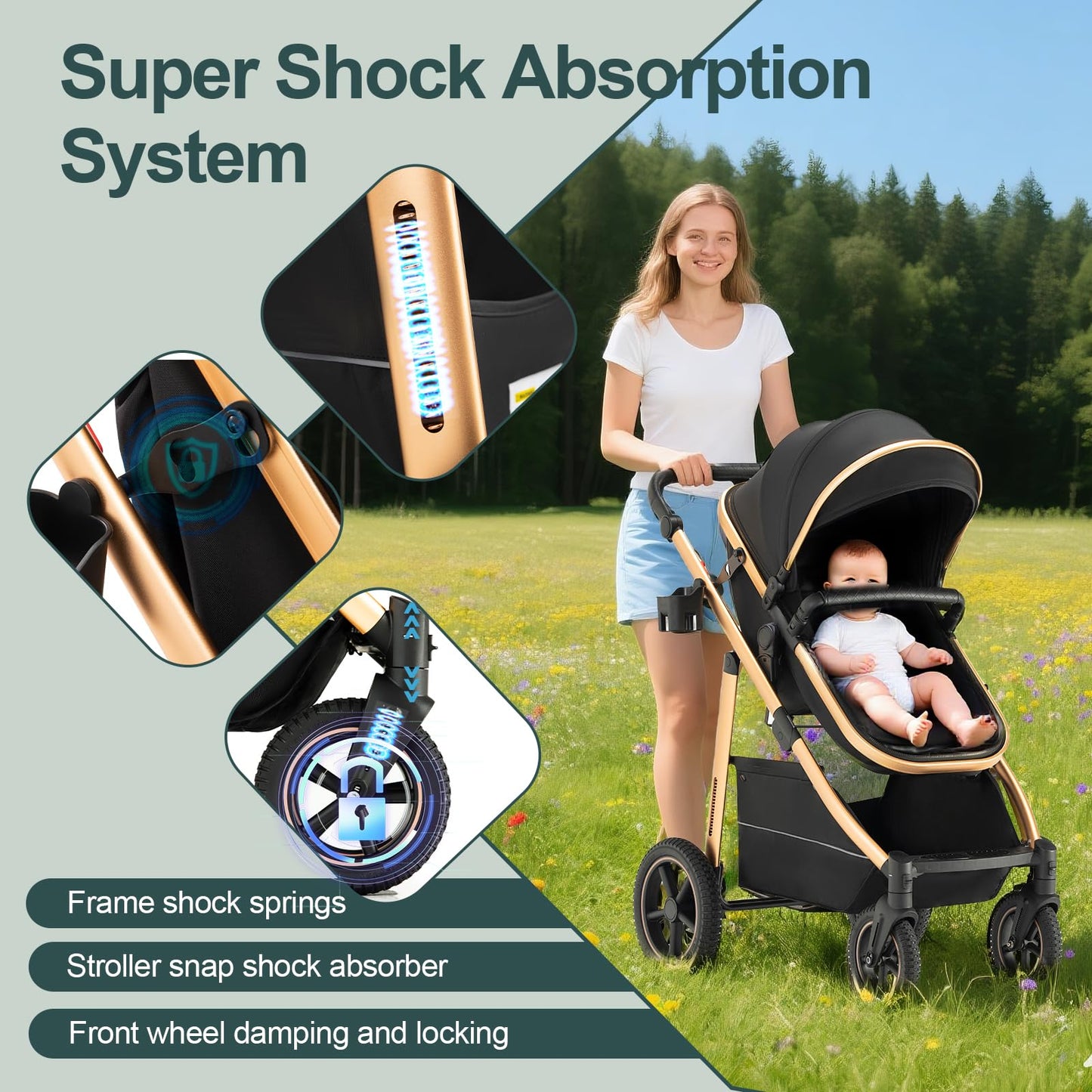Baby Stroller 3 in 1,Travel Pushchair's Lie-Flat Pram is Foldable, Stroller System Handle is Adjustable, The Wheels are Made of PU Material, Suitable for 0-3 Years-Khaki