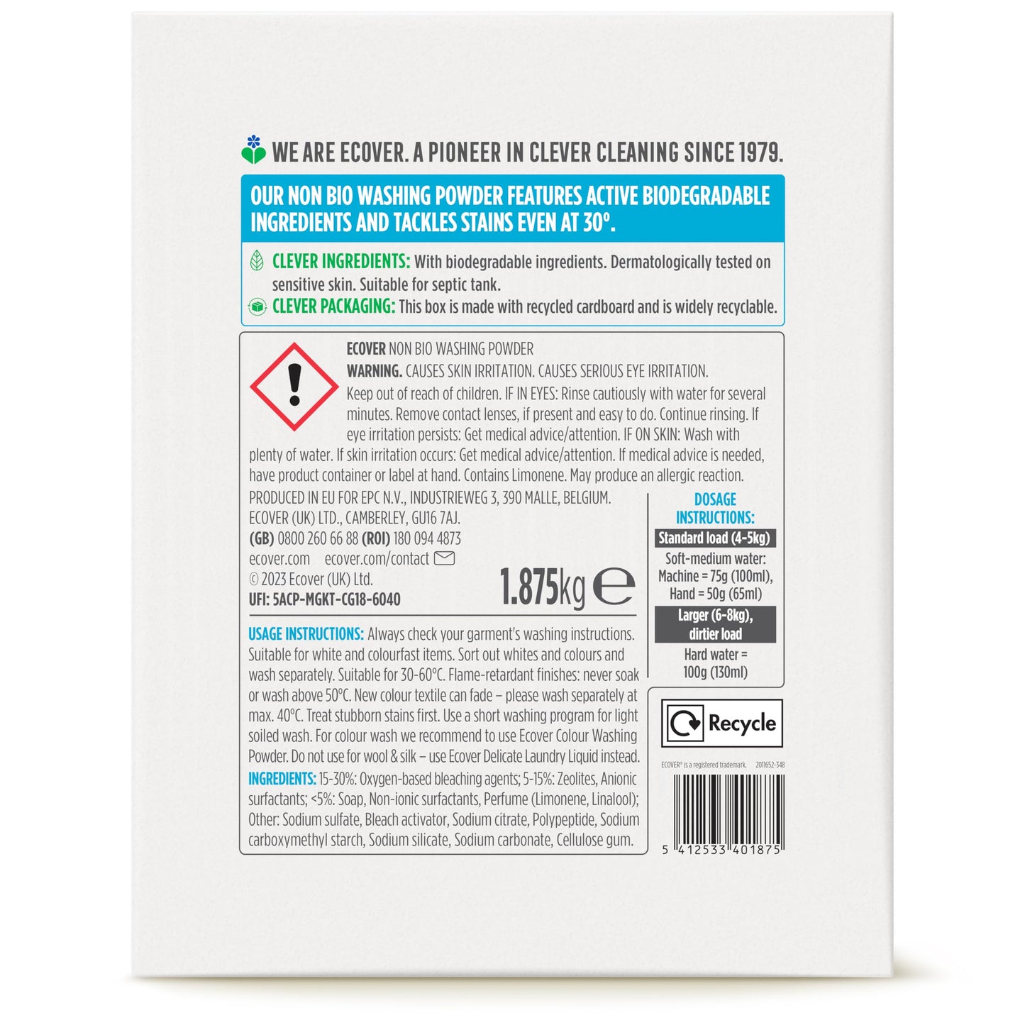 Ecover Lavender & Eucalyptus Non Bio Laundry Washing Powder 1.875kg
