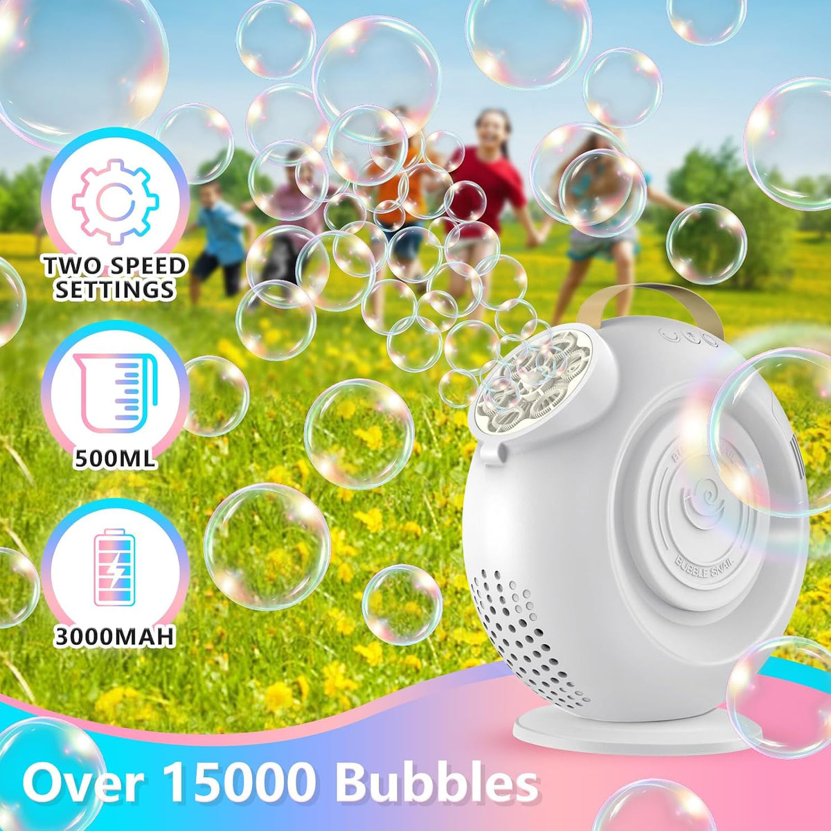 G-STORY Rechargeable Automatic Bubble Machine for Kids - 15000+ Bubbles Per Min, 90°/360° Auto Rotating & LED Light 500ML Capacity Bubble Blower with 2 Speed Modes for Outdoor Party Wedding Birthday