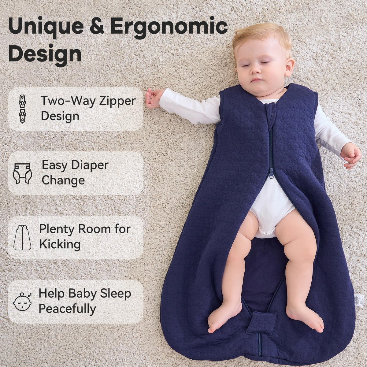 Unnivoll Baby Sleeping Bag 2.5 Tog 0-6 Months 100% Cotton Winter Sleeping Bag Baby 2-Way Zipper Quilted Sleep Sack for Newbron Infant Warm Soft Apricot