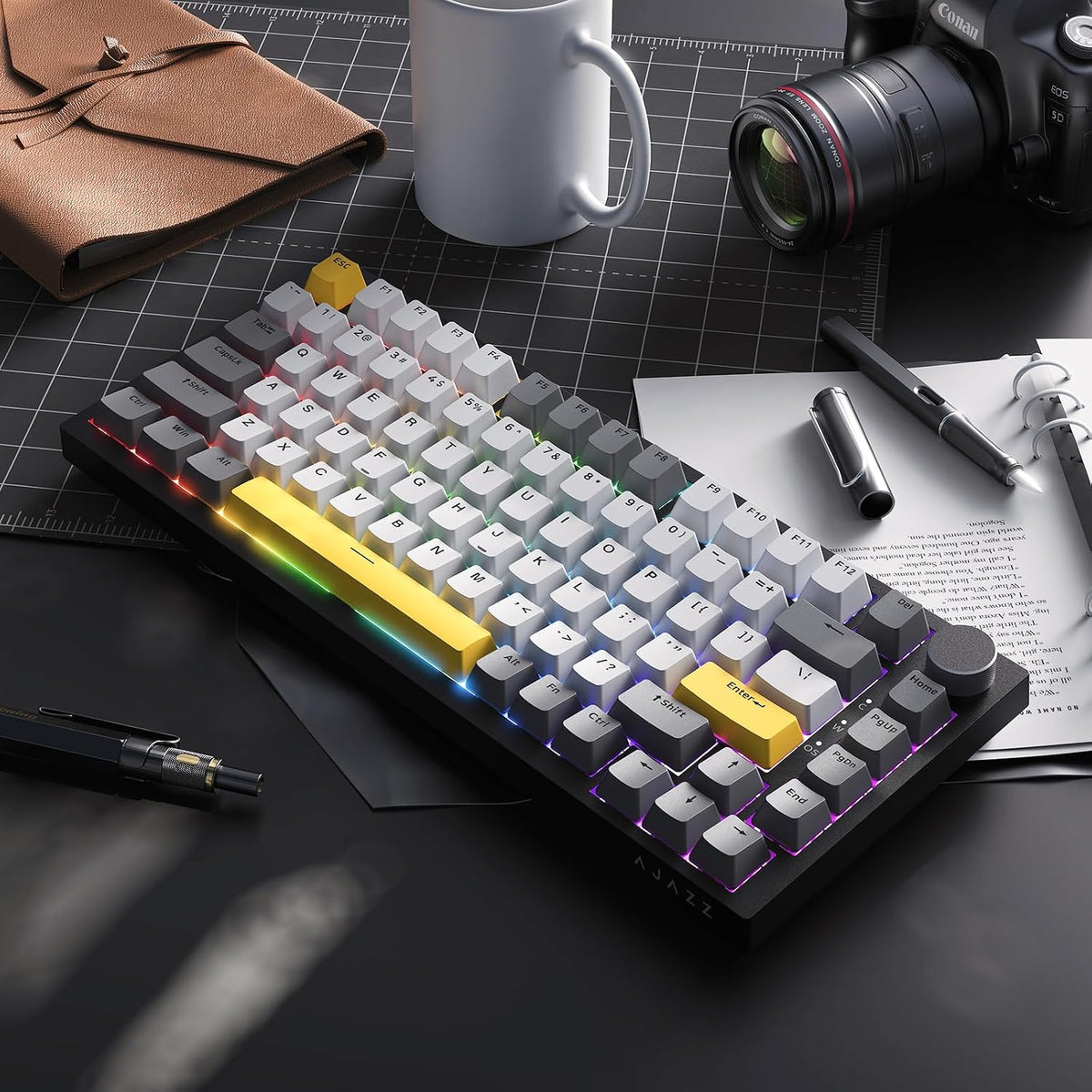 AJAZZ AK820 Wired Mechanical Keyboard, 75% Gaming Keyboard with Volume Control Knob, PBT Keycaps, 82 Keys, Five-Layer Sound Insulation Pad, South-Oriented RGB, Full-Key Hot Swap, Black Grey Yellow