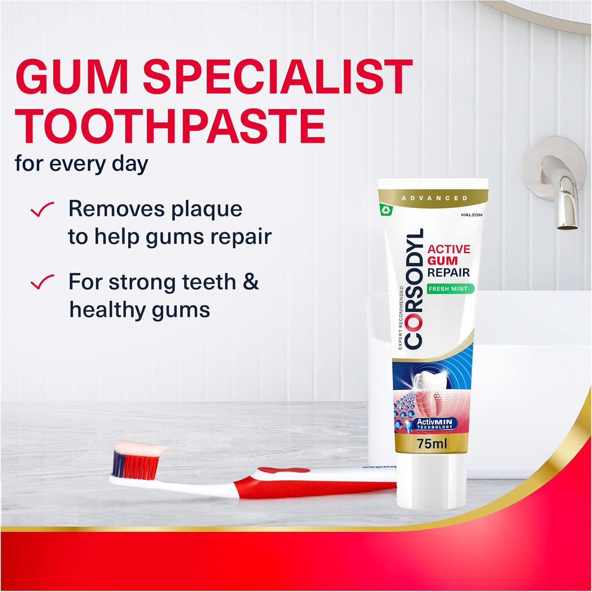 Corsodyl Active Gum Repair Toothpaste, Bleeding Gums, Fresh Mint, 75 ml