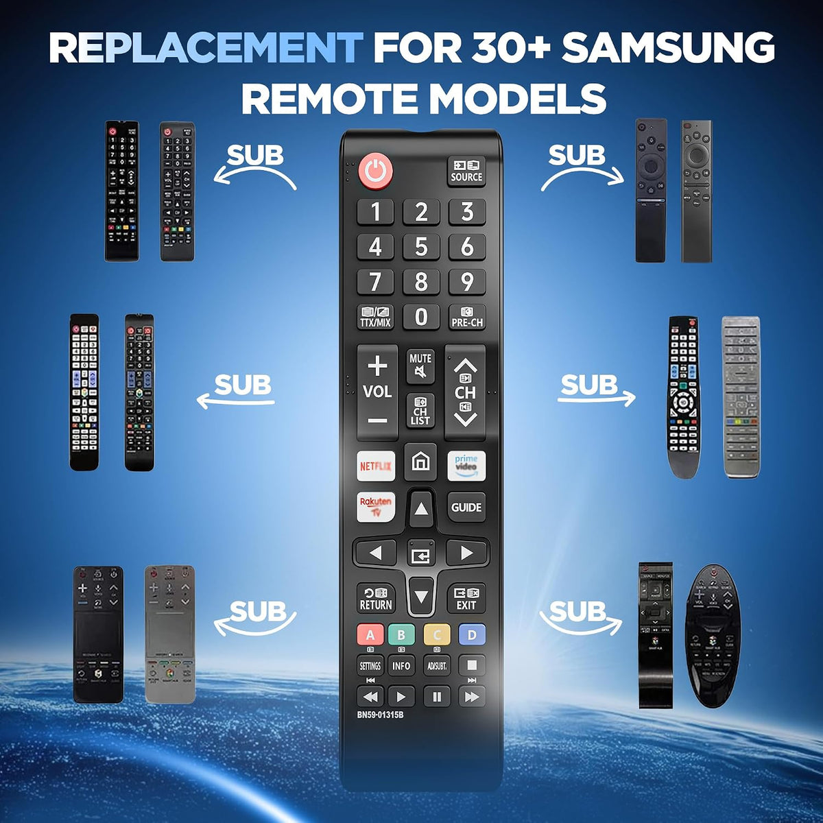 Smart Samsung Remote Controls For Smart Tv with Netflix, Prime Video, Rakuten Tv Buttons For All Samsung Tv Led Qled Uhd Frame Curved Solar Hdtv 3D 4K 8K Smart TVs, Universal Samsung Tv Remote