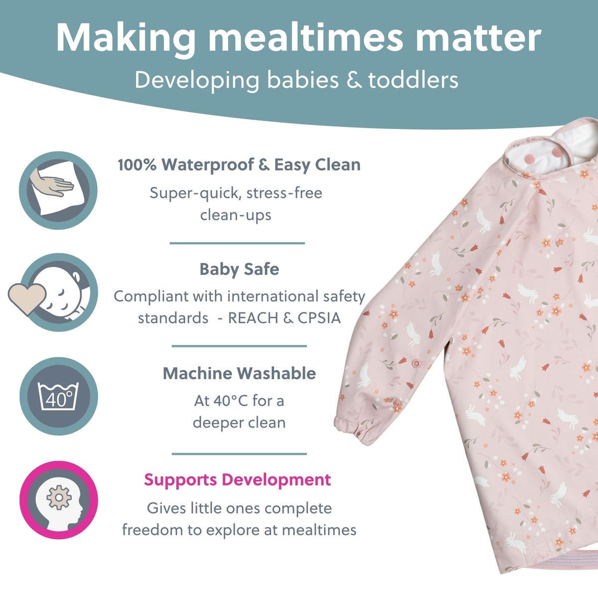 BIBaDO Long Sleeve Baby Bibs - Coverall Weaning Bib with Highchair Strap