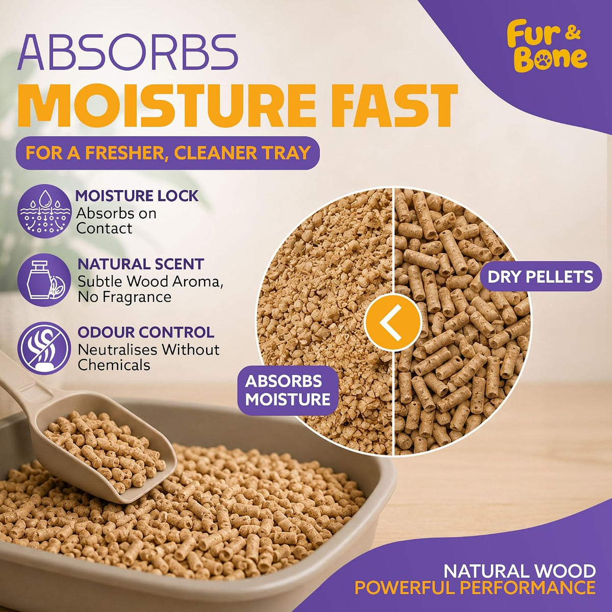 Fur & Bone Cat Litter Wooden Pellets 30L - Non-Clumping, Ultra-Absorbent