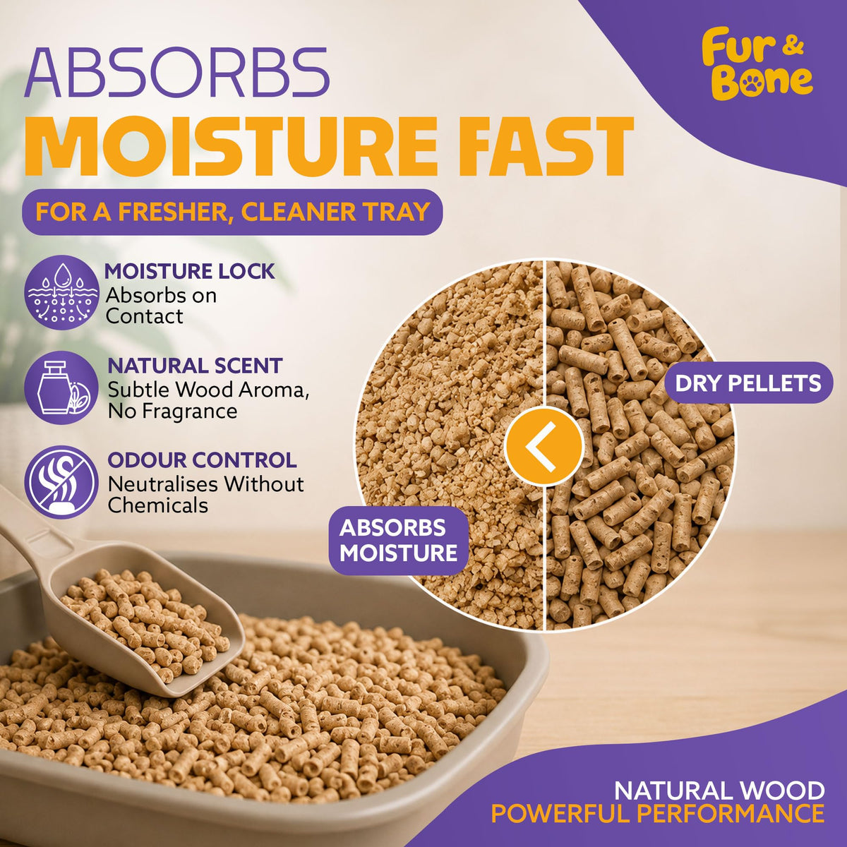 Fur & Bone Cat Litter Wooden Pellets 30L - Non-Clumping, Ultra-Absorbent