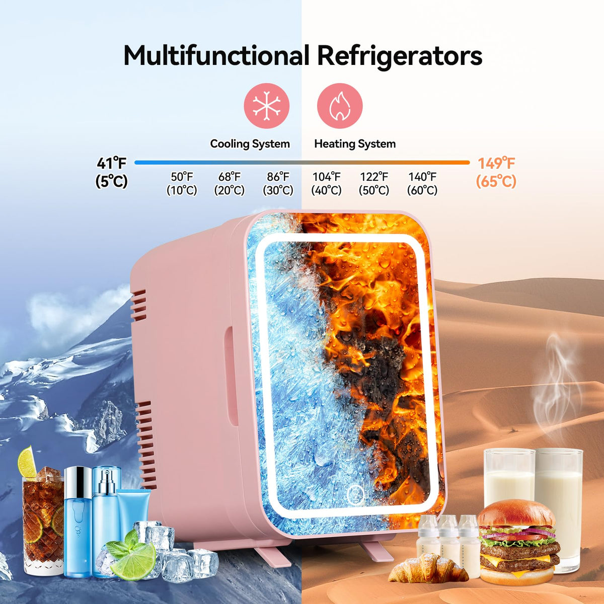 4 Liter Mini Fridge with Dimmable LED Mirror, AC/DC Skincare Fridge