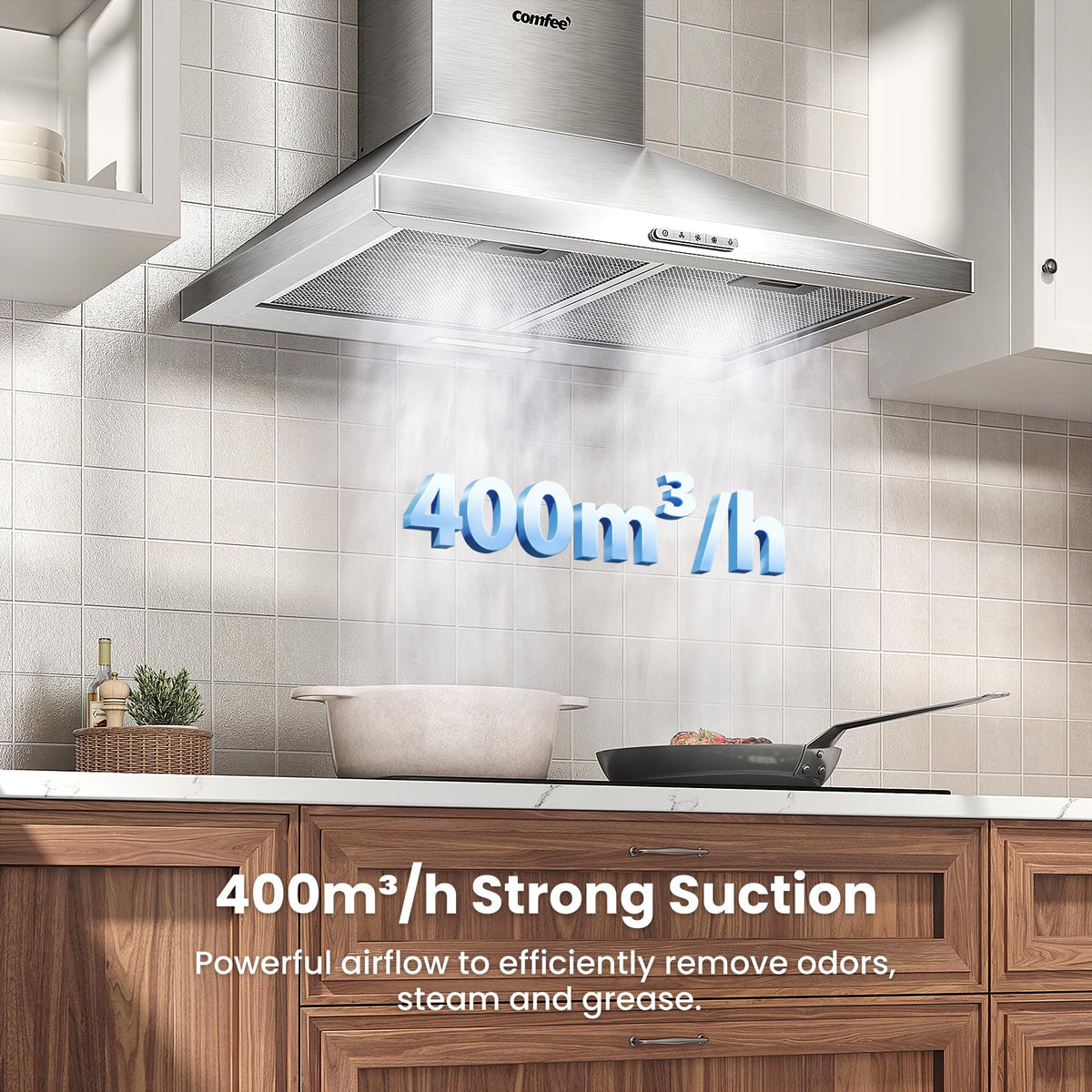 COMFEE' 90cm Chimney Cooker Hood, Class A++ Wall Mounted Kitchen Extractor