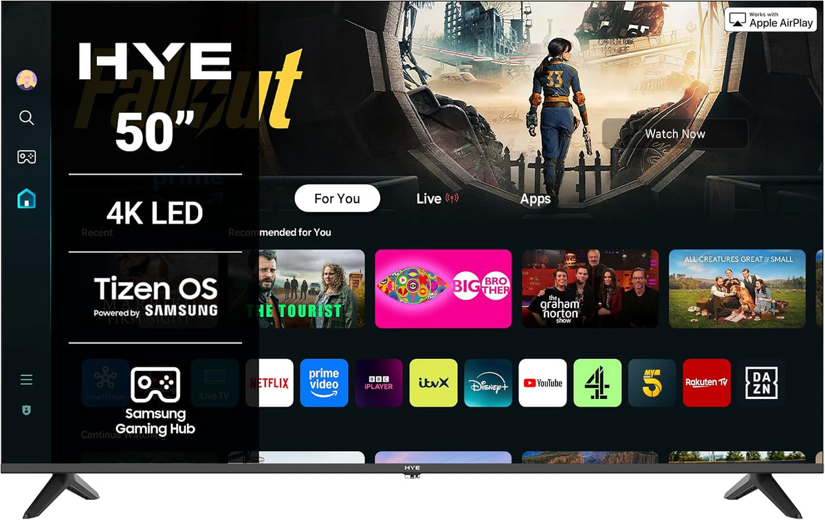 HYE 50" LED Smart TV - 4K Ultra HD, Samsung Tizen OS & Gaming Hub, Black